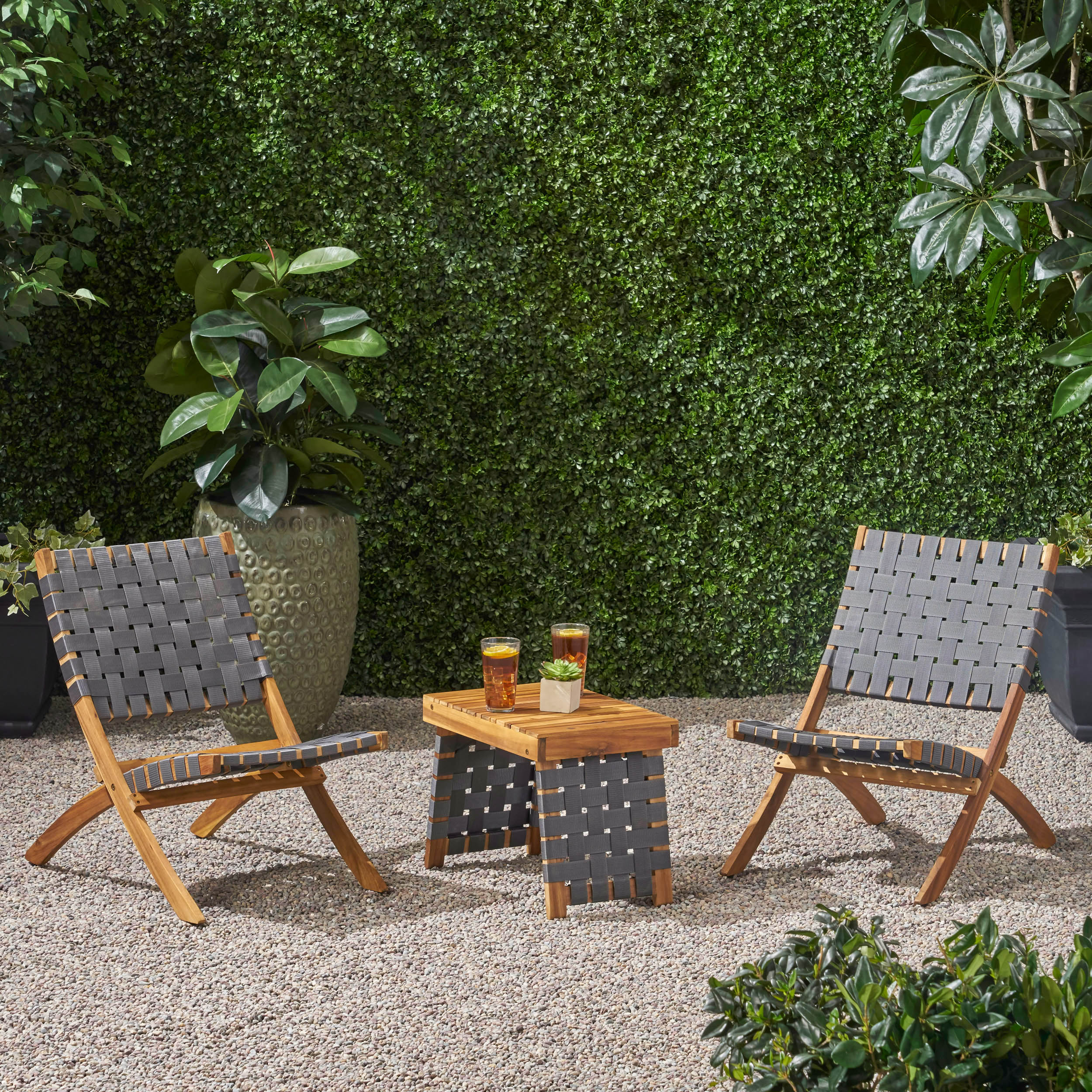 Kayla Outdoor Foldable 2 Seater Acacia Wood Chat Set with Strapping Belt Accents, Brown and Gray - furnishings