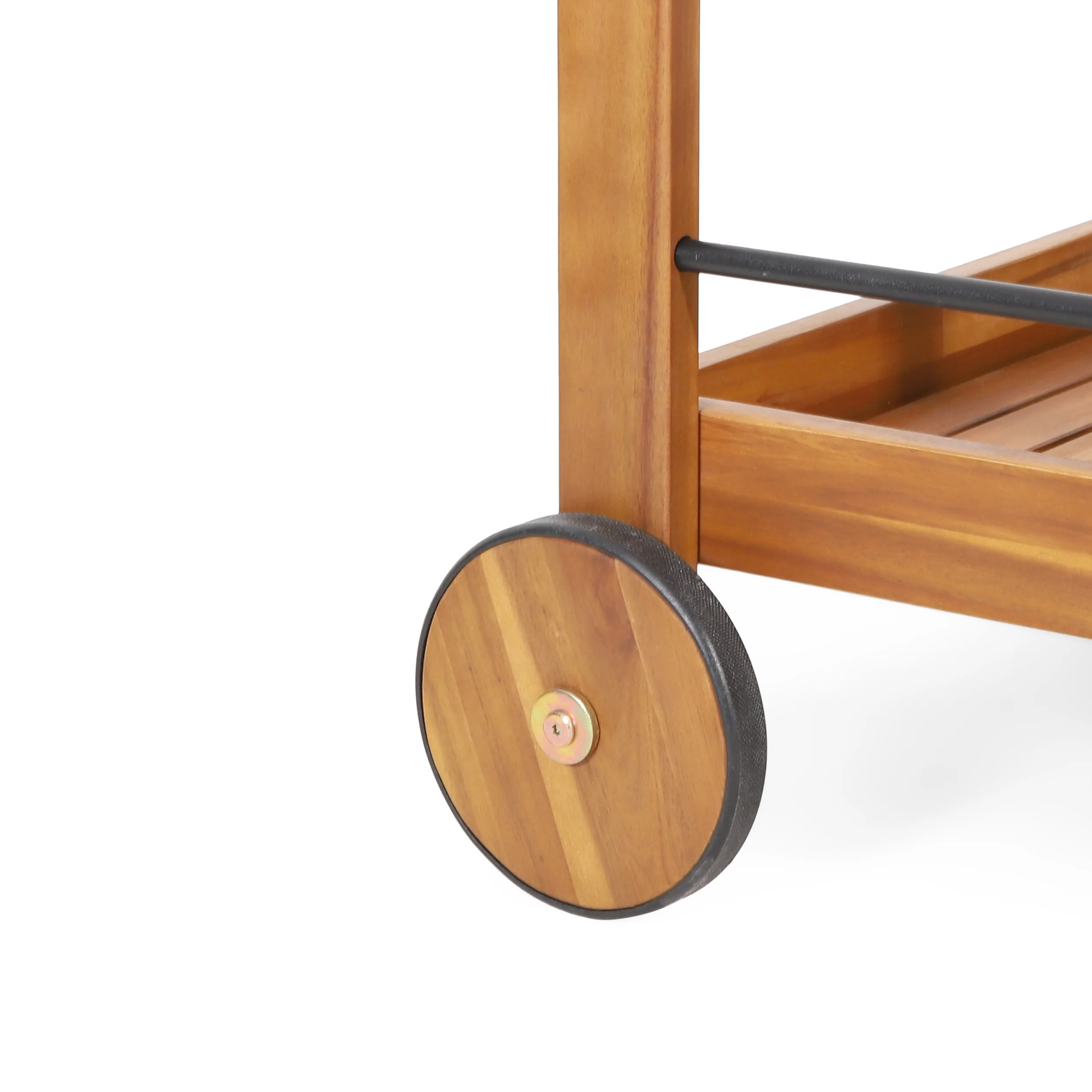 Bonneau Outdoor Acacia Wood 2 Tiered Bar Cart with Bottle Holders, Teak and Black - furnishings