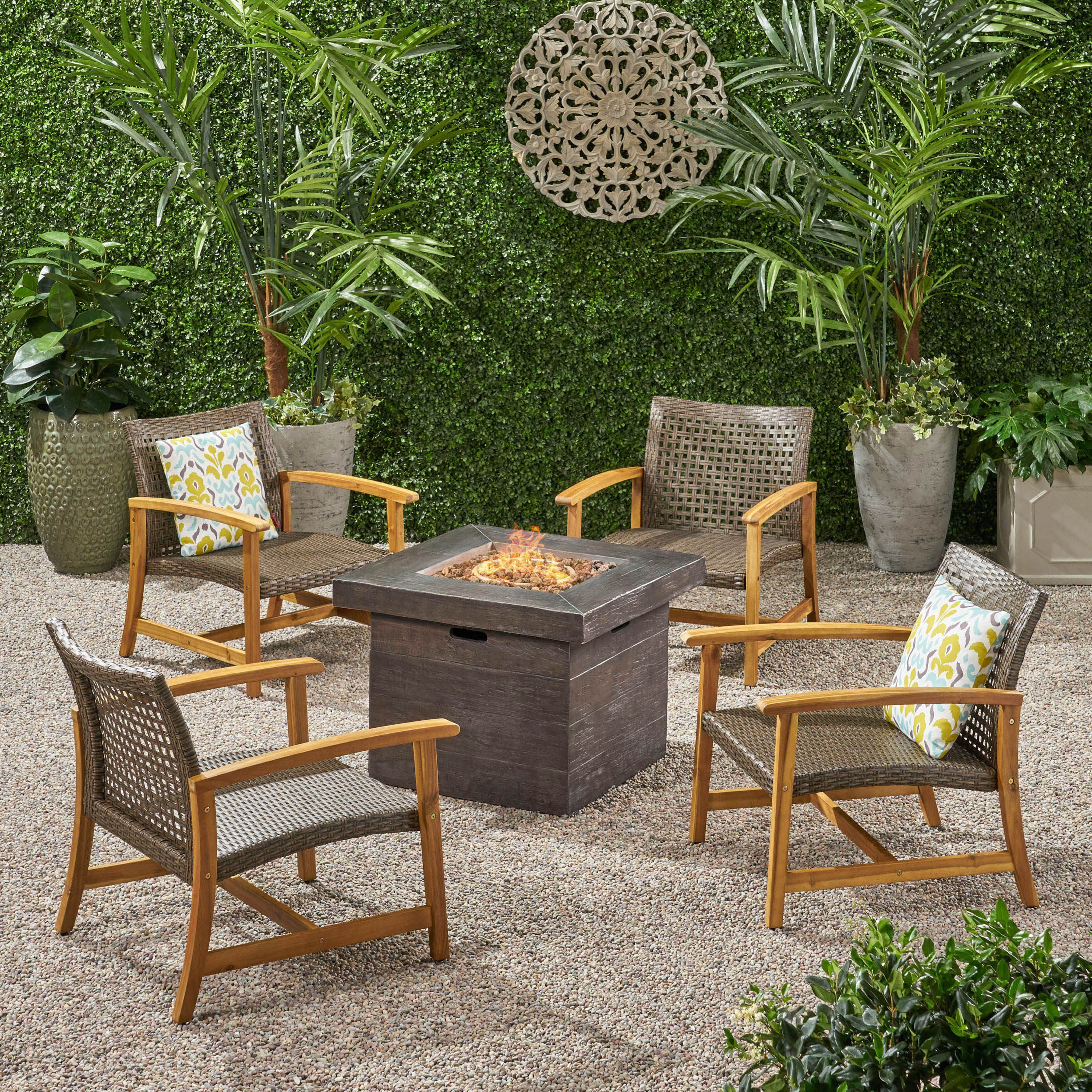 Eleanor Outdoor 5 Piece Wood and Wicker Club Chairs and Fire Pit Set - furnishings