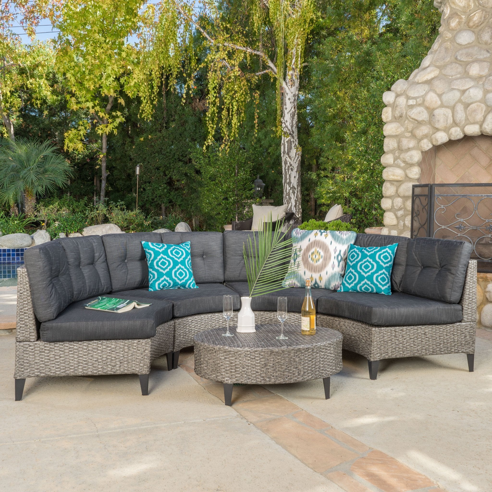 Currituck 5pc Outdoor Wicker Semi Circular Sectional - furnishings
