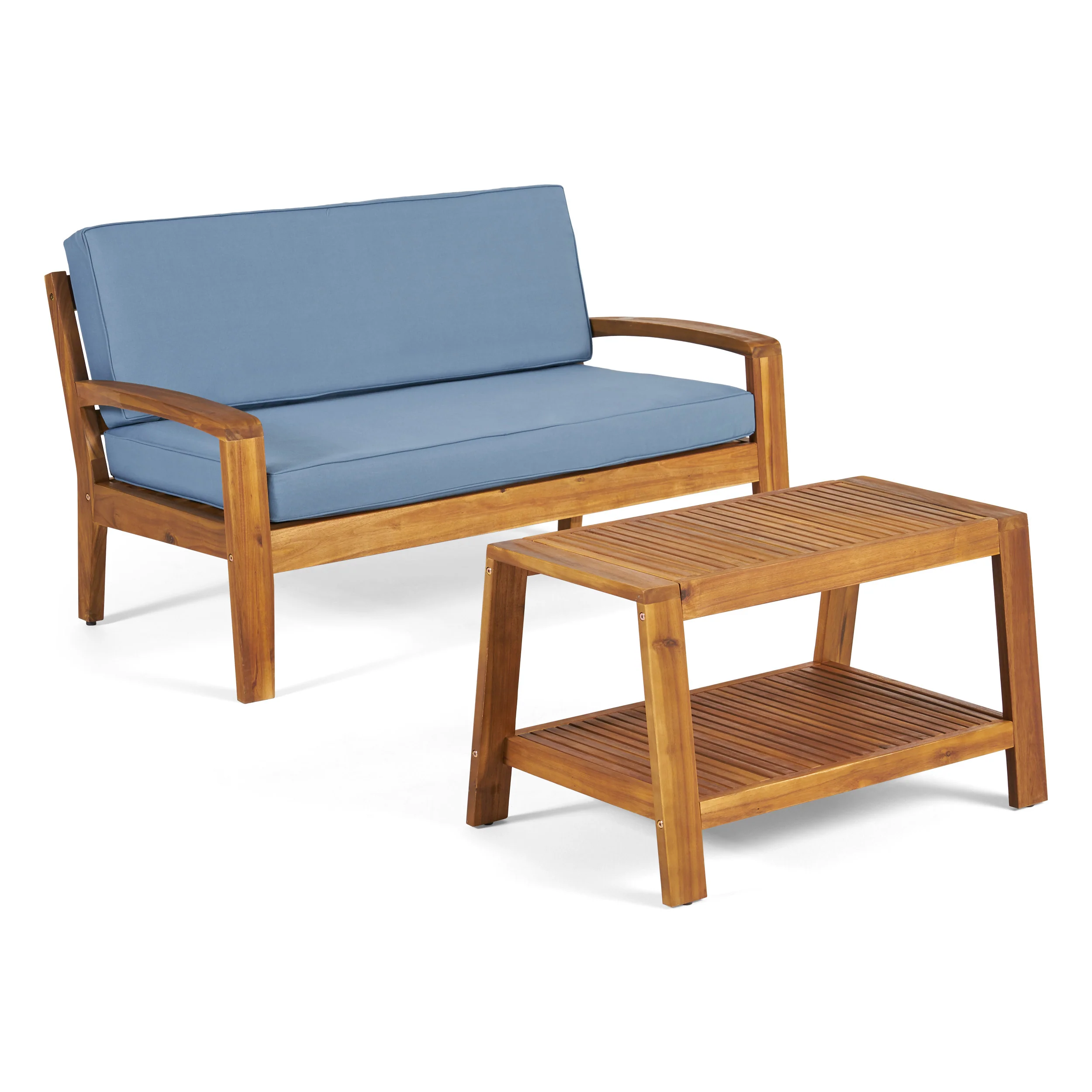 Christian Outdoor Acacia Wood Loveseat and Coffee Table Set with Cushions - furnishings