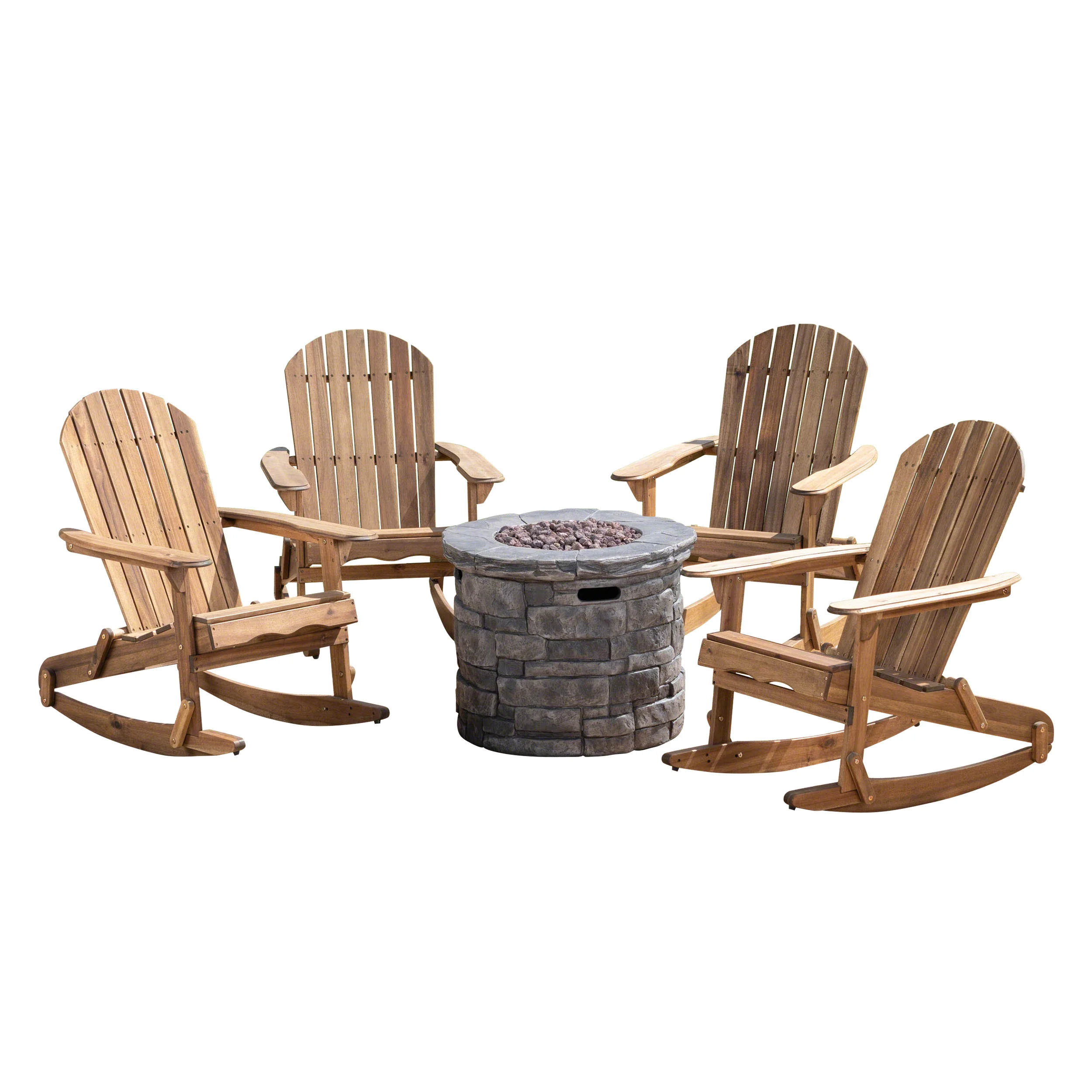 Belfast Outdoor Acacia Wood 5 Piece Adirondack Rocking Chair and Fire Pit Set - furnishings