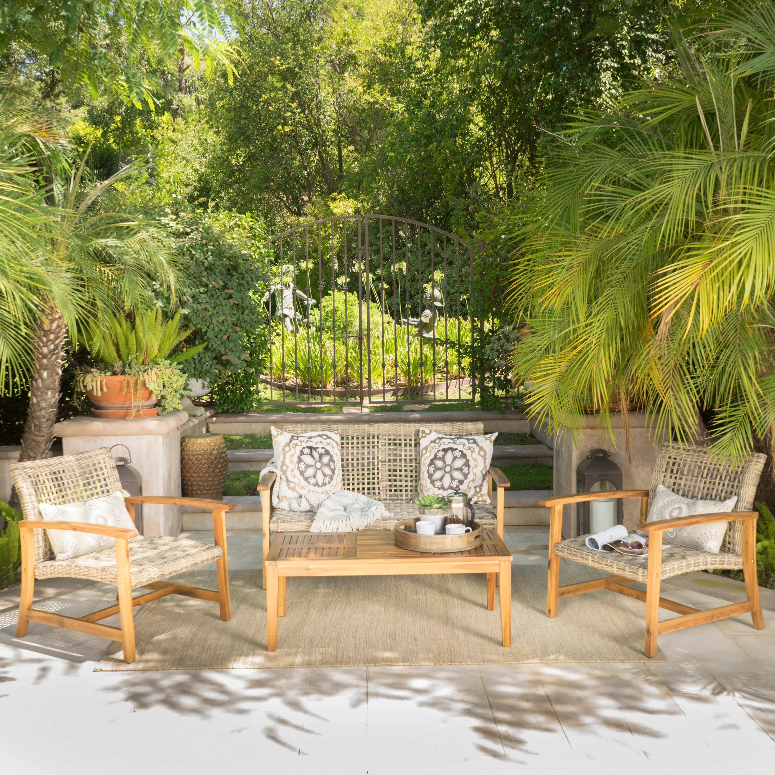 Hunter Outdoor 4 Piece Wicker Chat Set with Natural Stained Acacia Wood Frame - furnishings