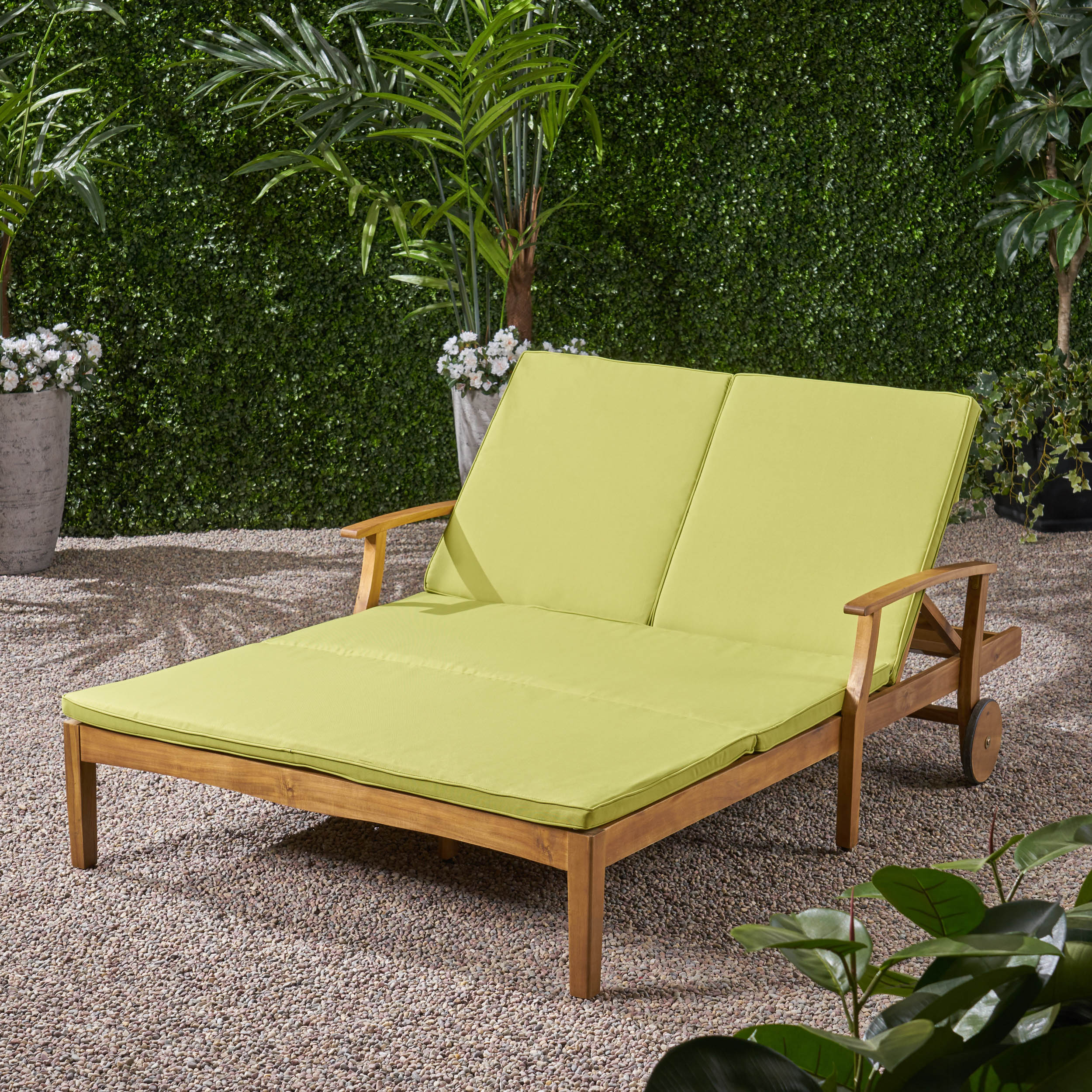 Samantha Double Chaise Lounge for Yard and Patio, Acacia Wood Frame - furnishings