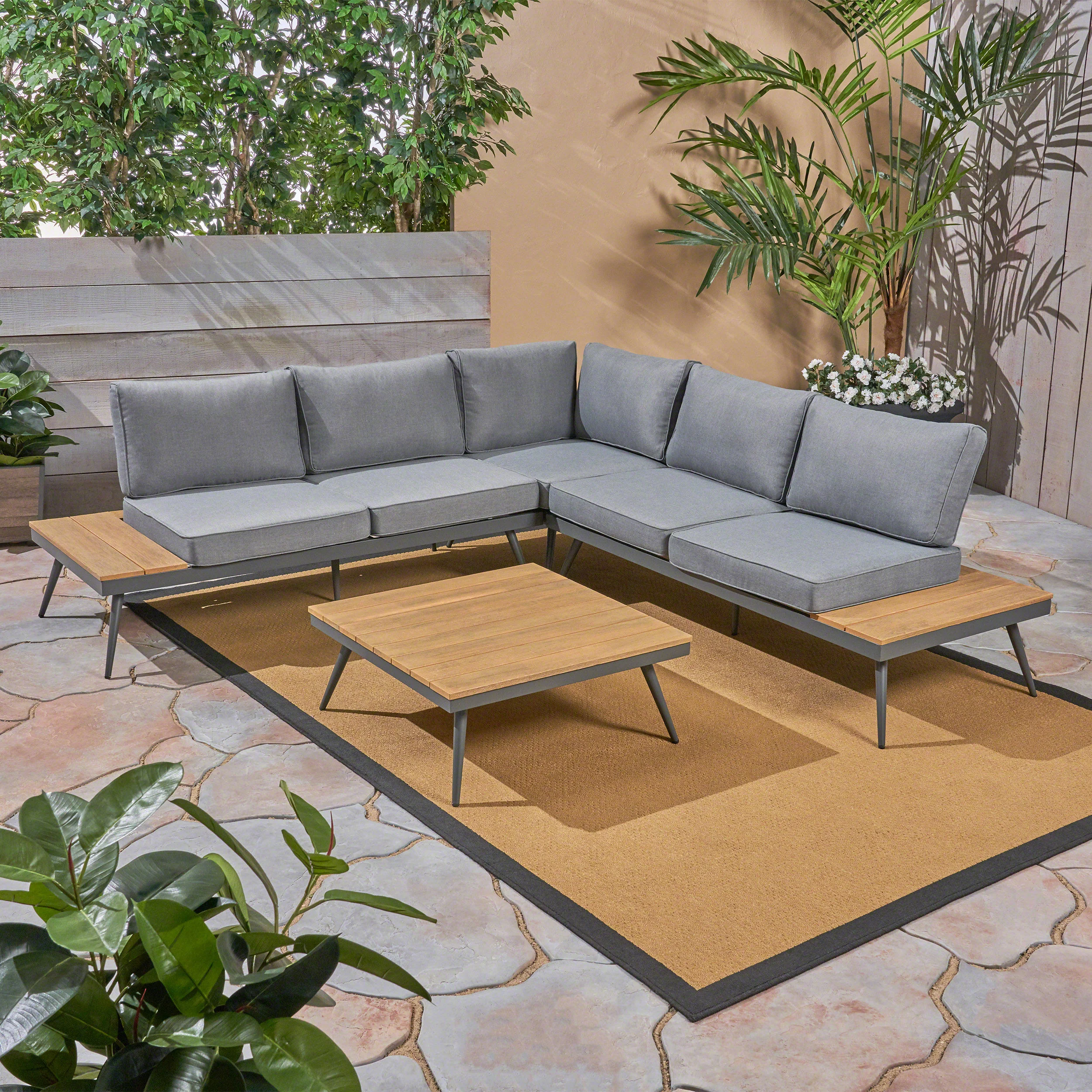 Deborah Outdoor Wood and Aluminum V-Shaped 5 Seater Sofa Set - furnishings