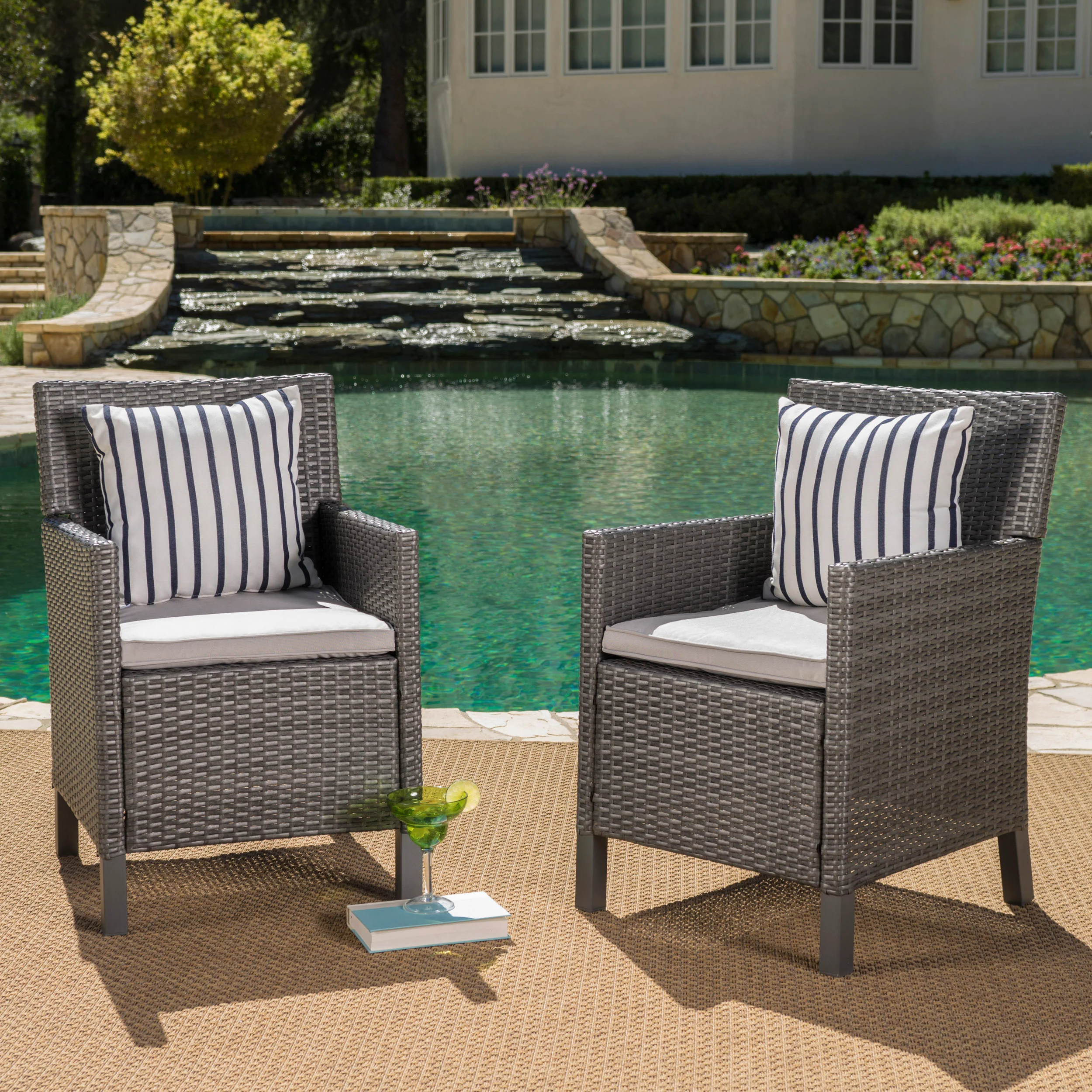 Cyrus Outdoor Wicker Dining Chairs with Water Resistant Cushions (Set of 2) - furnishings
