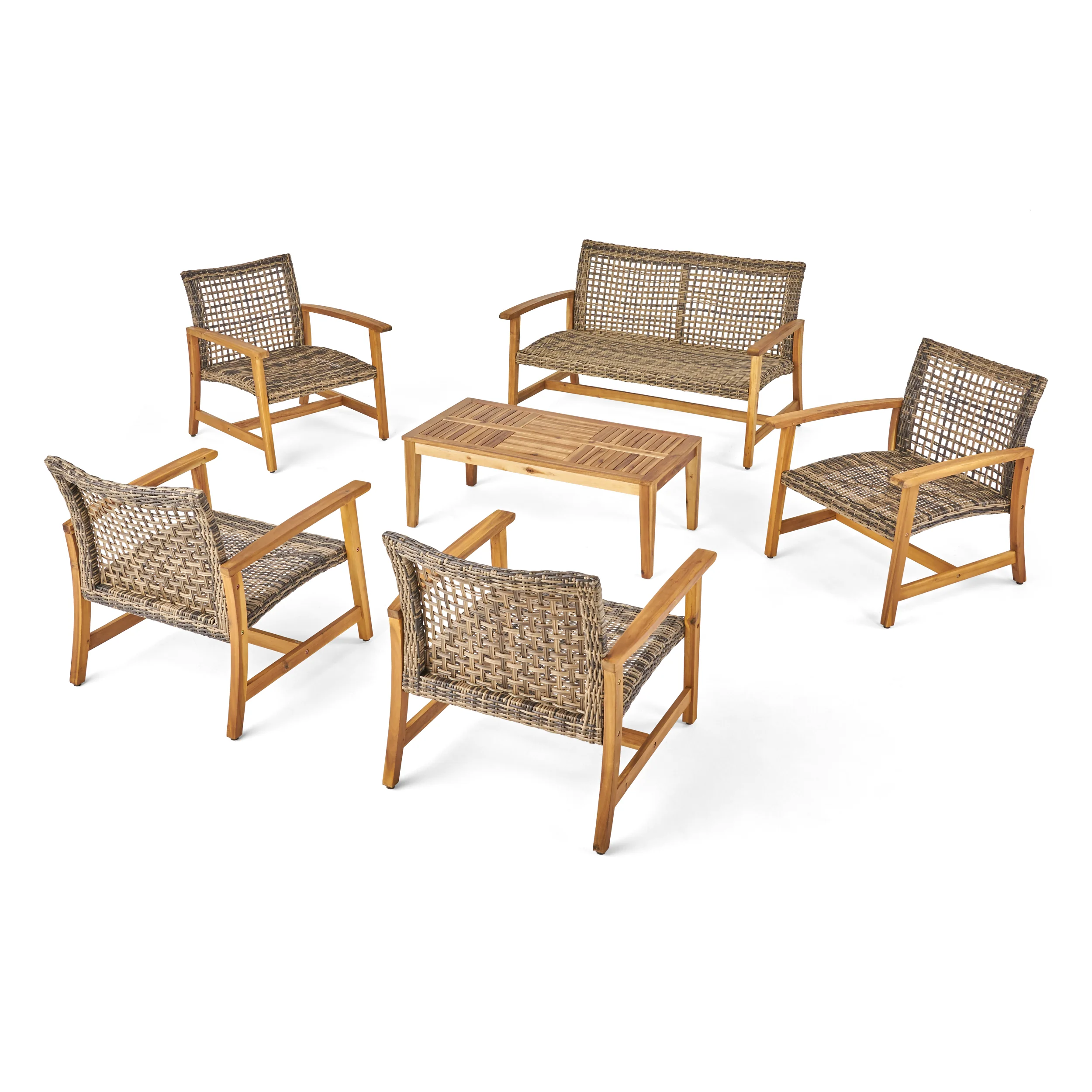 Levant Outdoor 6 Piece Wood and Wicker Chat Set - furnishings
