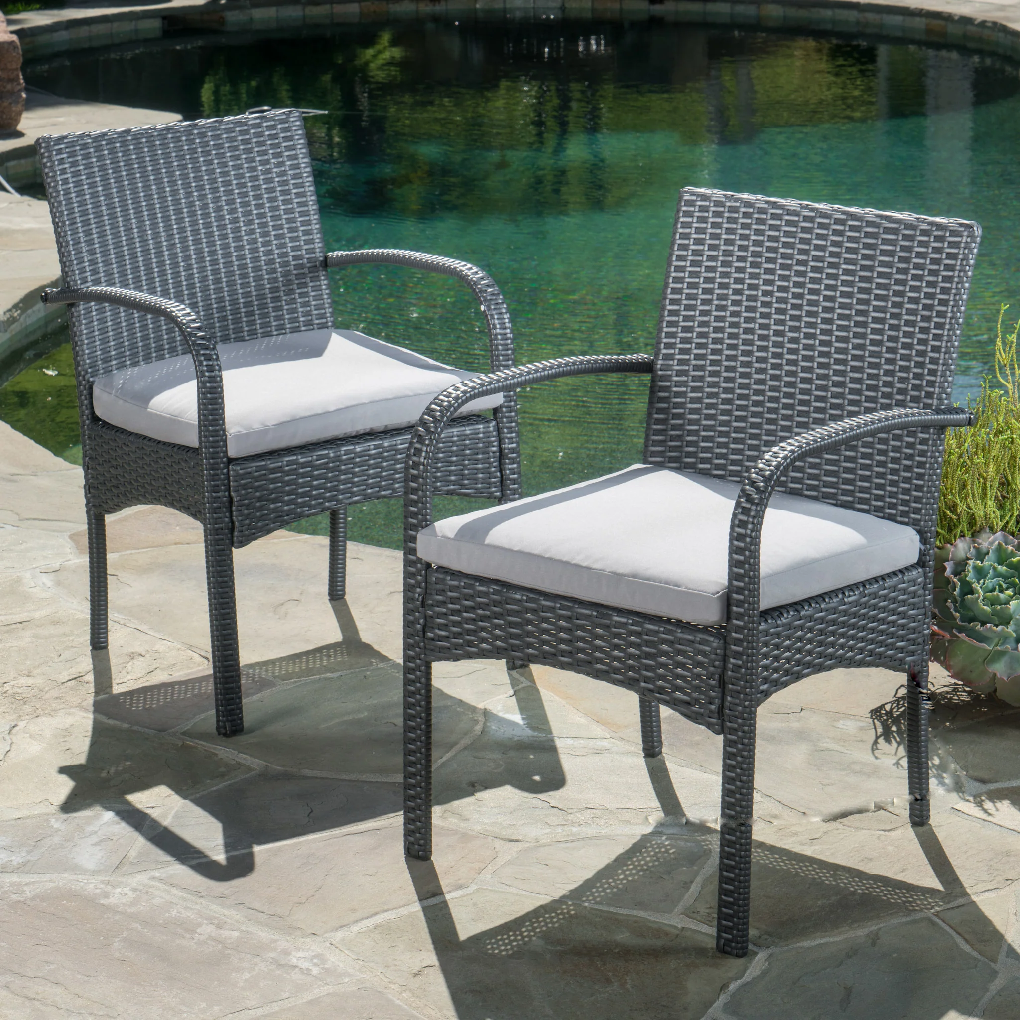 Portola Outdoor 3 Piece Grey Wicker Bistro Set with Cushions - furnishings