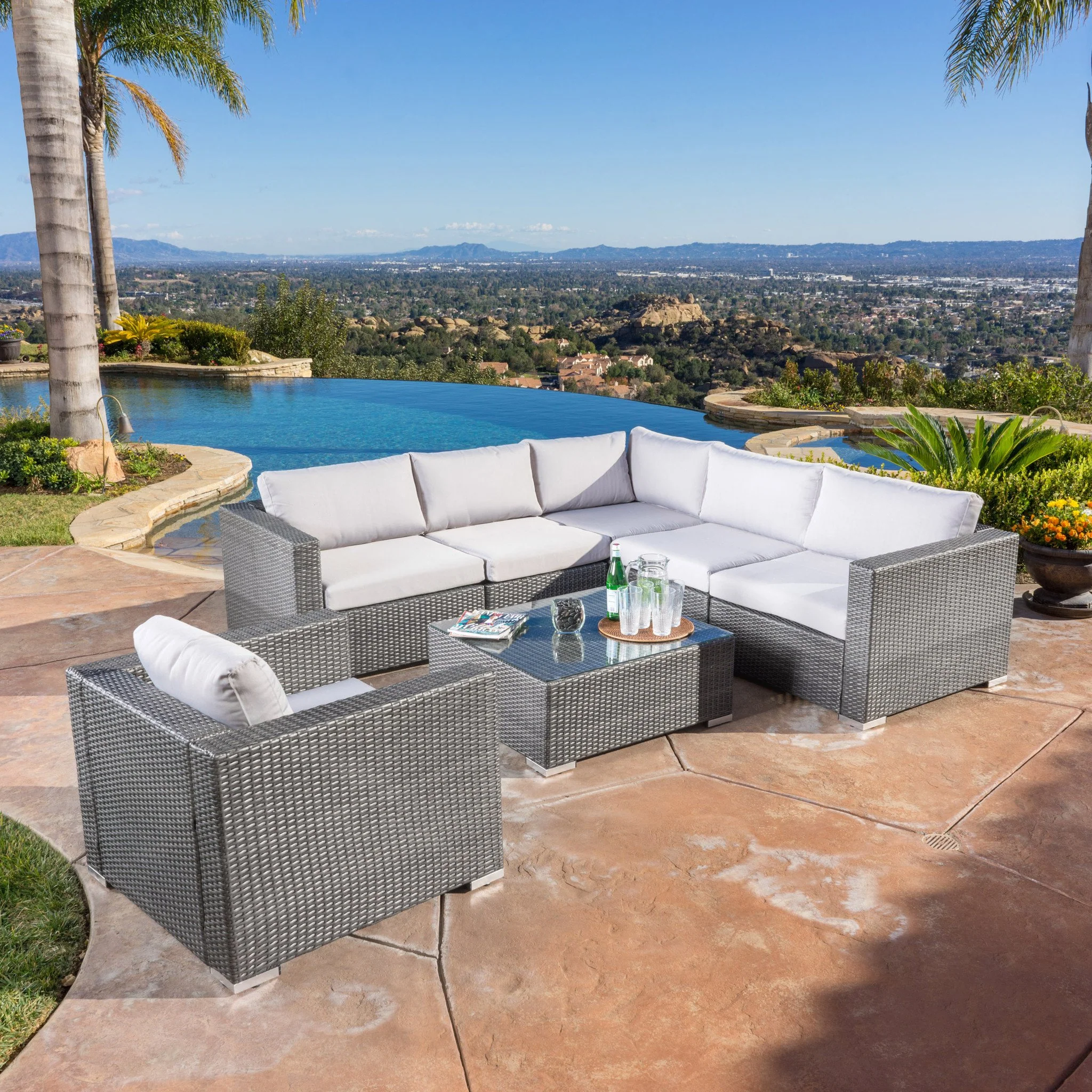 Francisco 7pc Outdoor Gray Wicker Seating Sectional Set w/ Cushions - furnishings