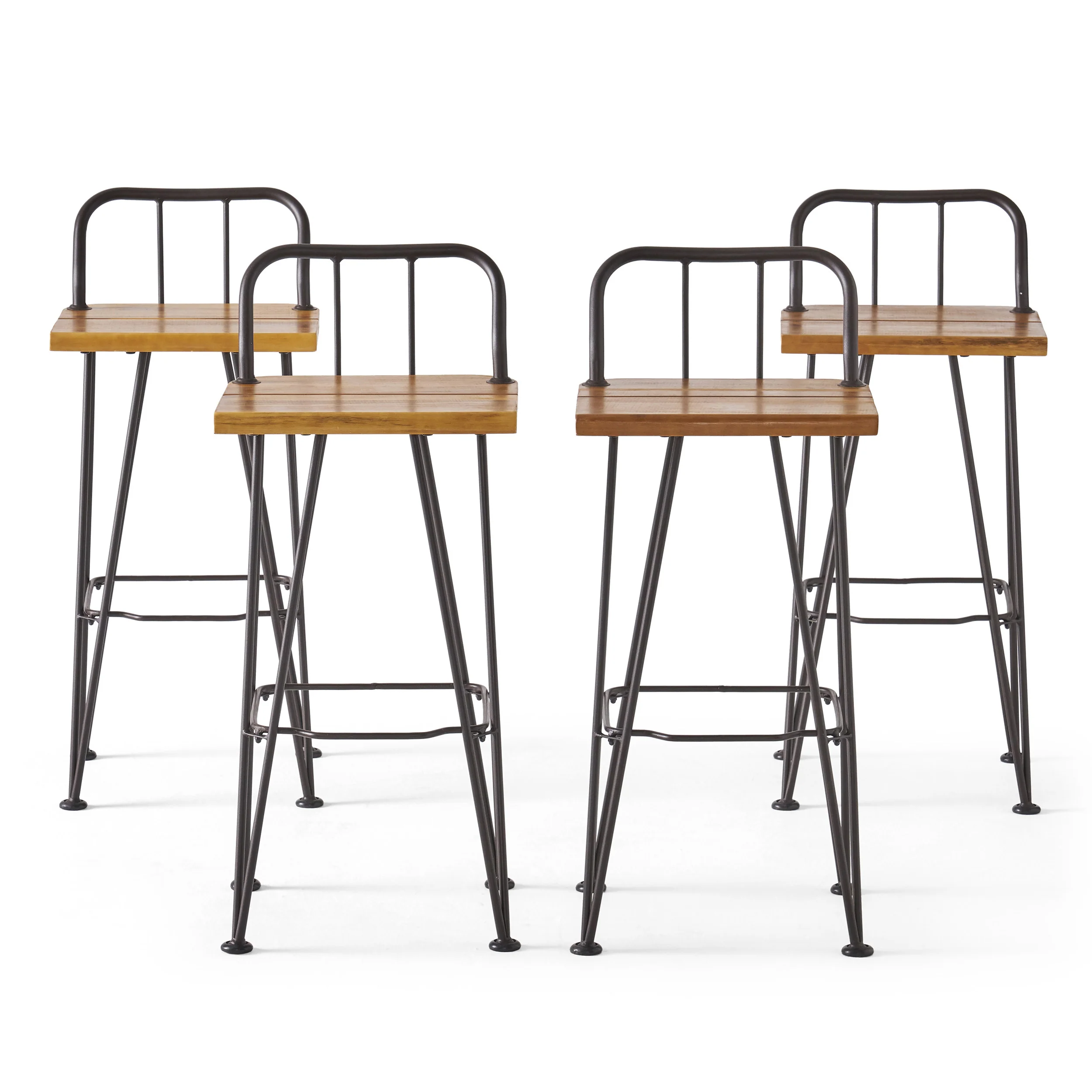 Leonardo Outdoor Industrial Teak Finished Acacia Wood Barstools with Iron Frame - furnishings