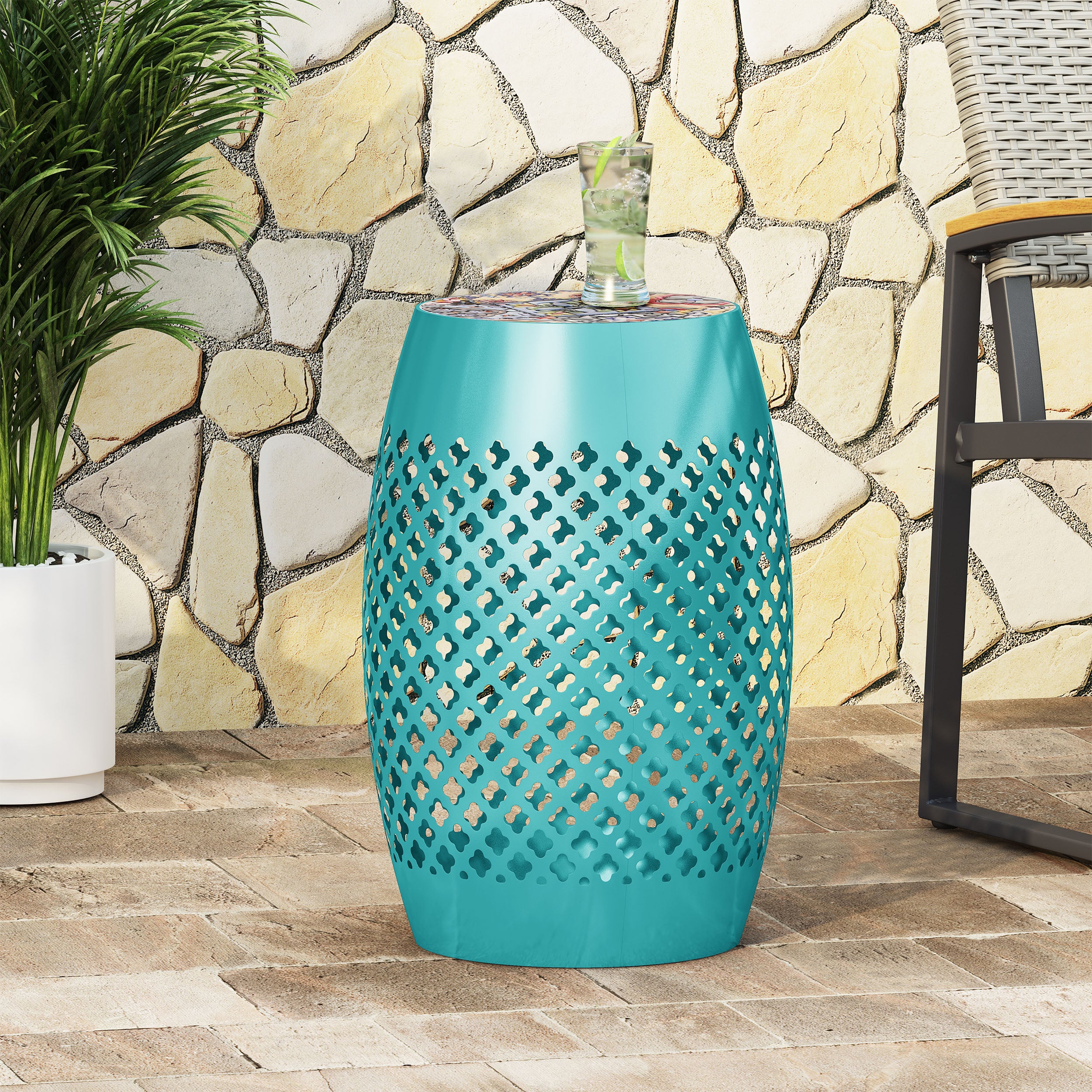 Kalyse Outdoor Lace Cut Side Table with Tile Top - furnishings
