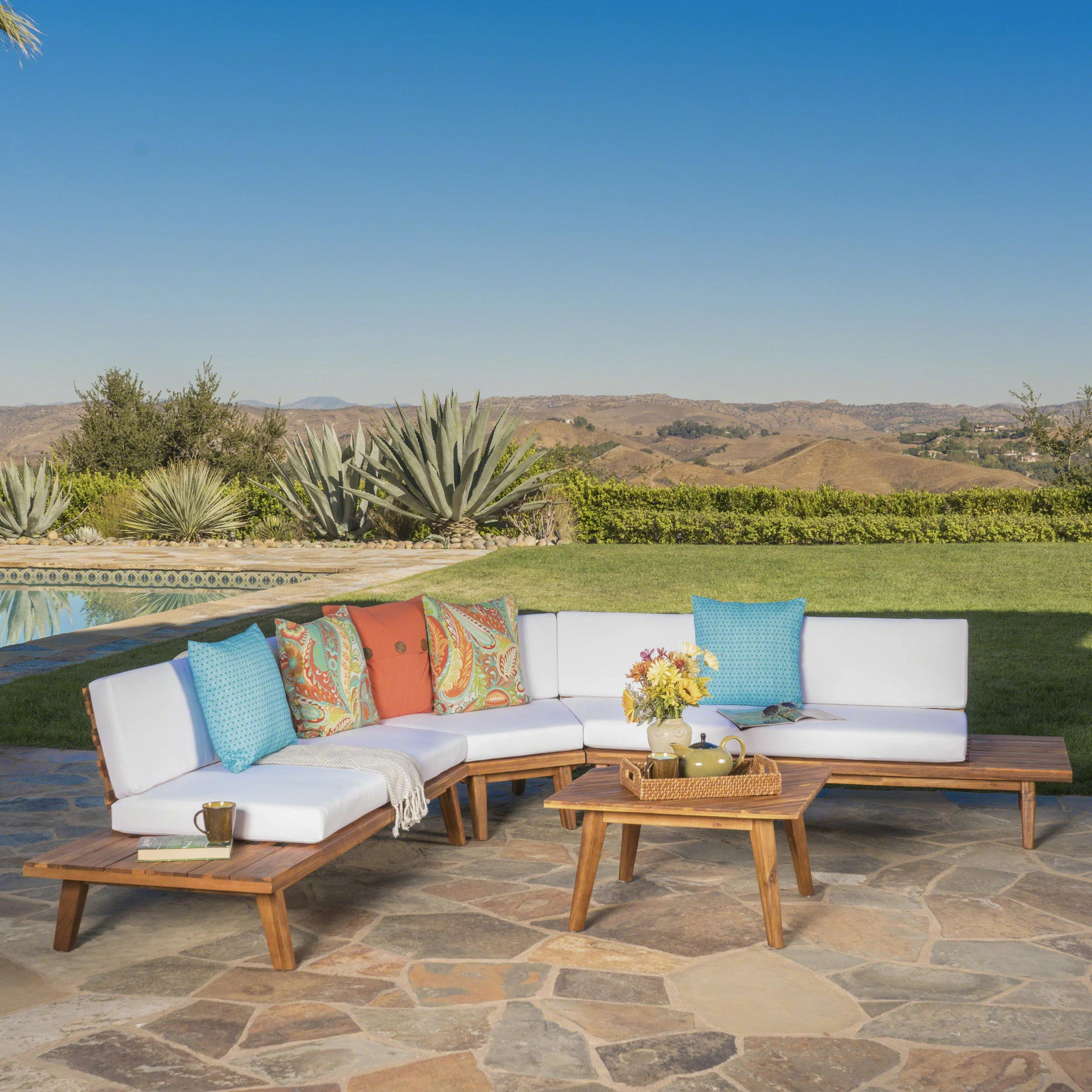 Hillside Mid Century Modern Outdoor Wood Platform Sectional With Built In End Tables & Coffee Table - furnishings