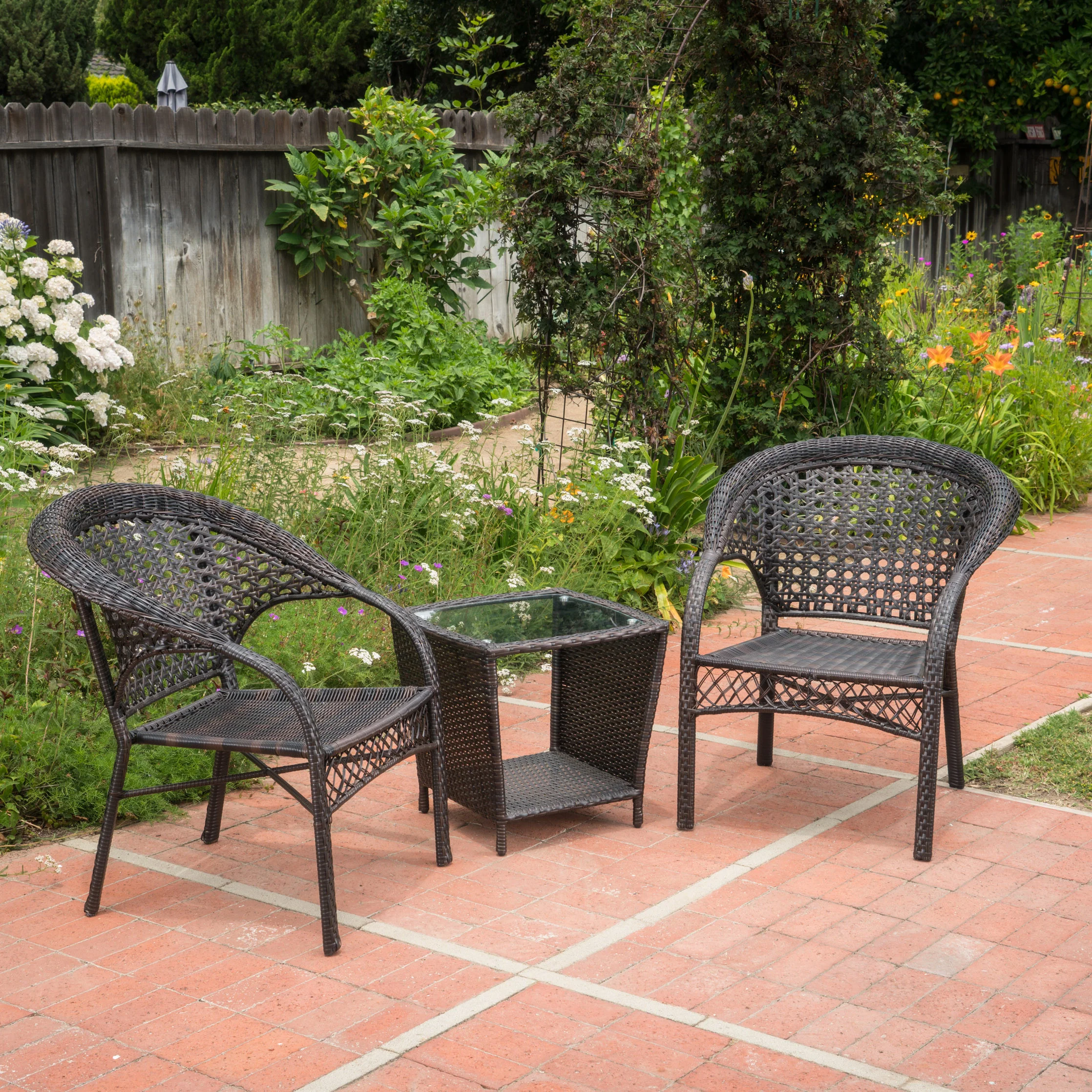 Mystic Outdoor 3 Piece Multi-brown Wicker Stacking Chair Chat Set - furnishings