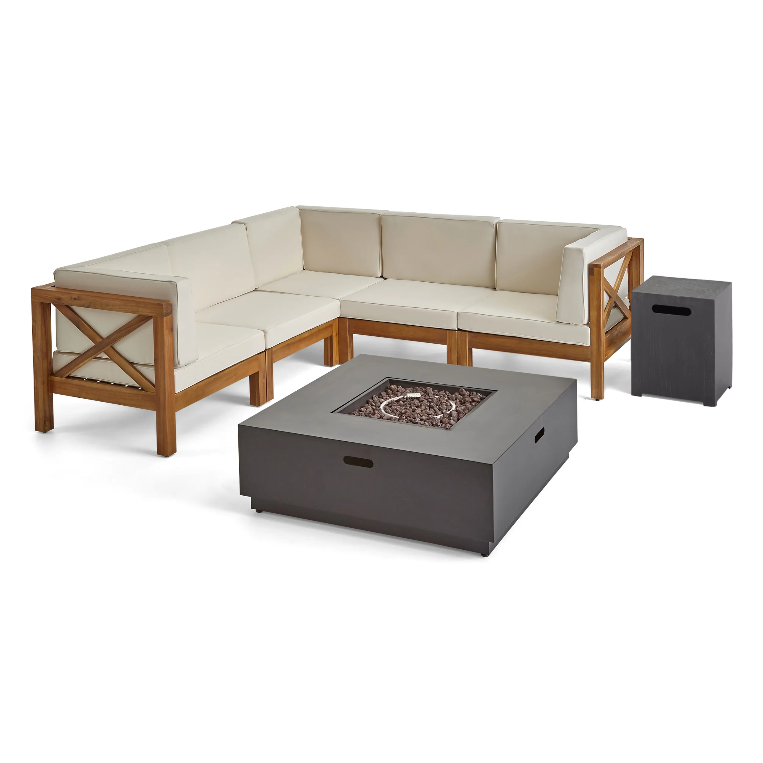 Gina Outdoor Acacia Wood 5 Seater Sectional Sofa Set with Fire Pit - furnishings