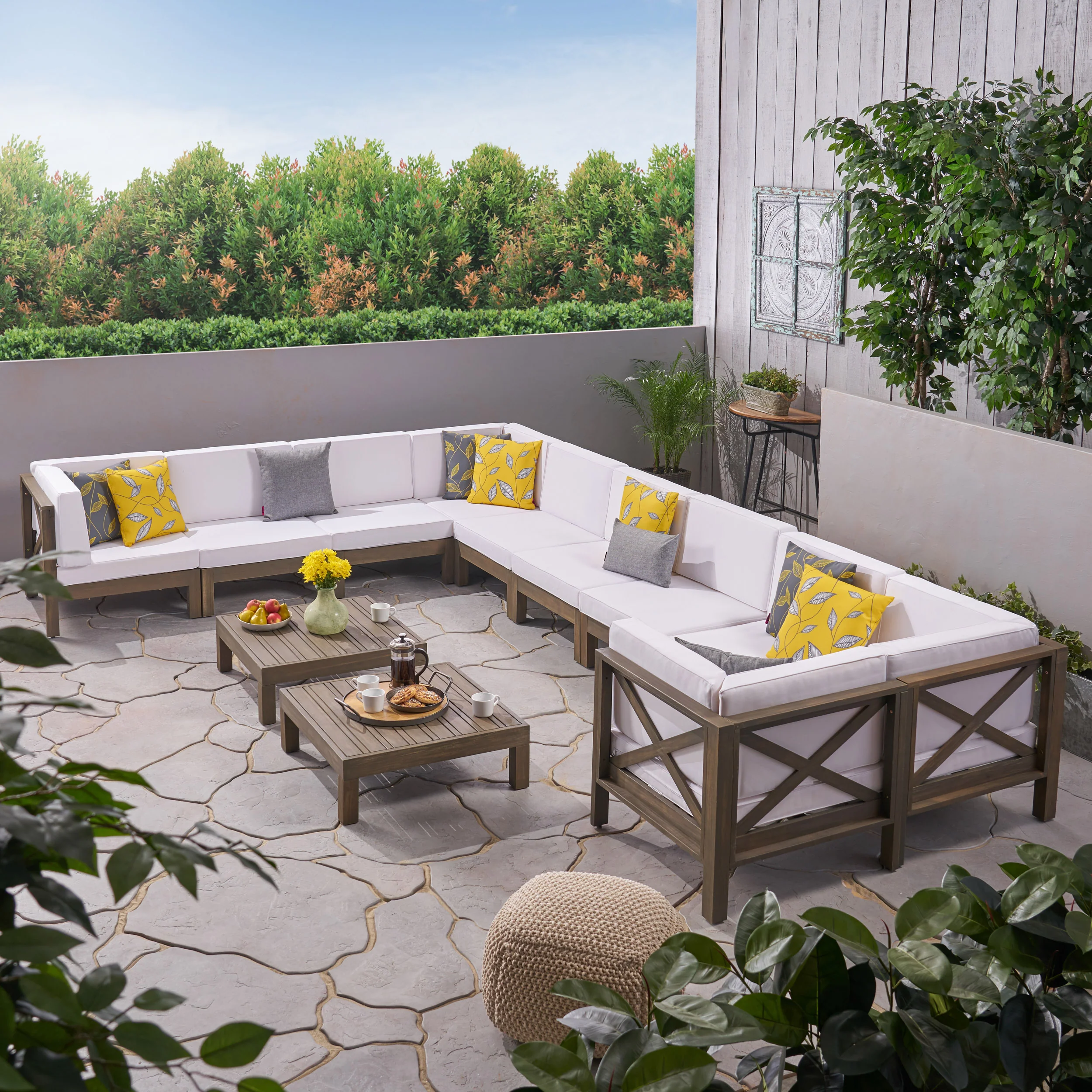 Cynthia Outdoor Acacia Wood 10 Seater U-Shaped Sectional Sofa Set with Two Coffee Tables - furnishings