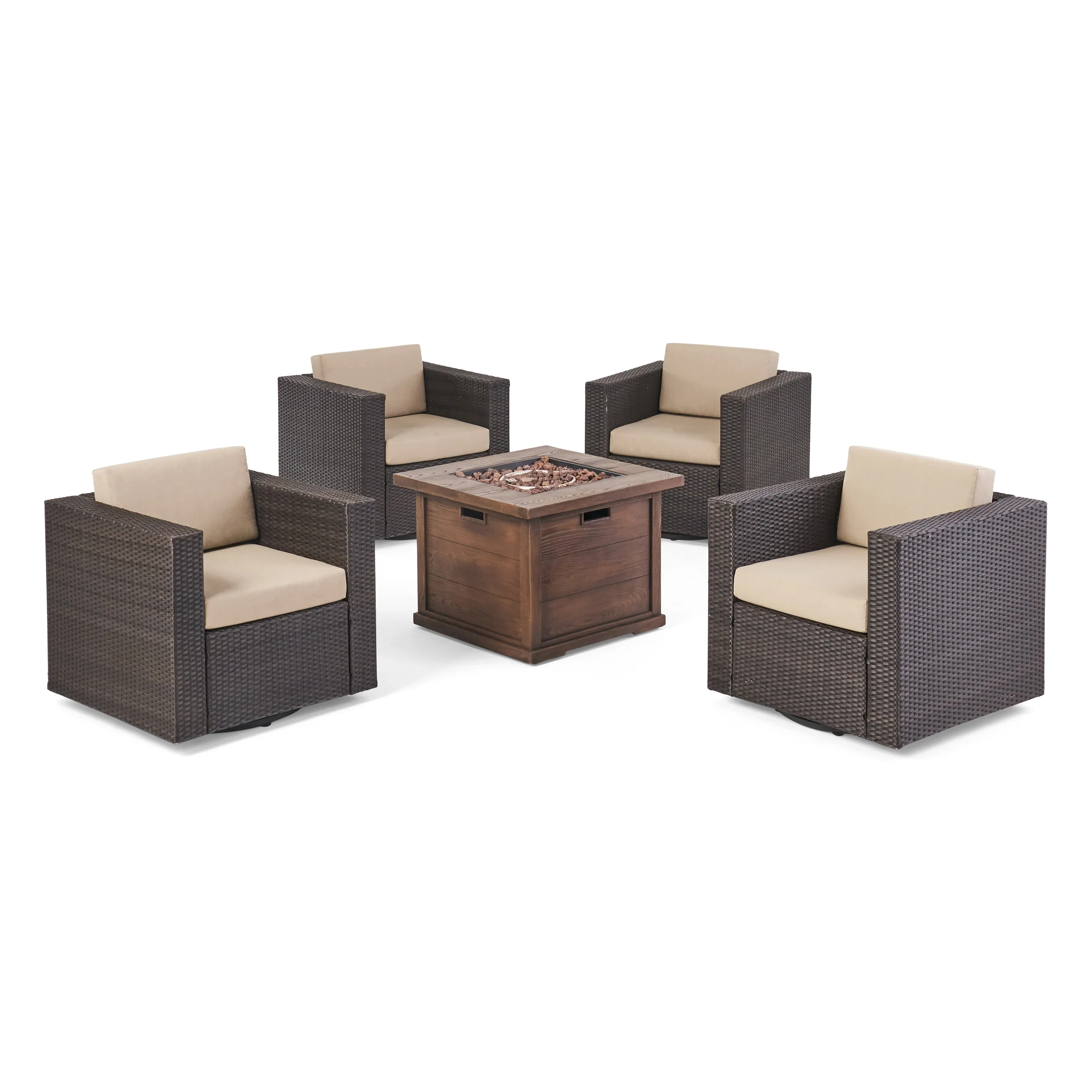 Hamilton Outdoor 5 Piece Wicker Swivel Club Chairs with Brown Gas Fire Pit - furnishings