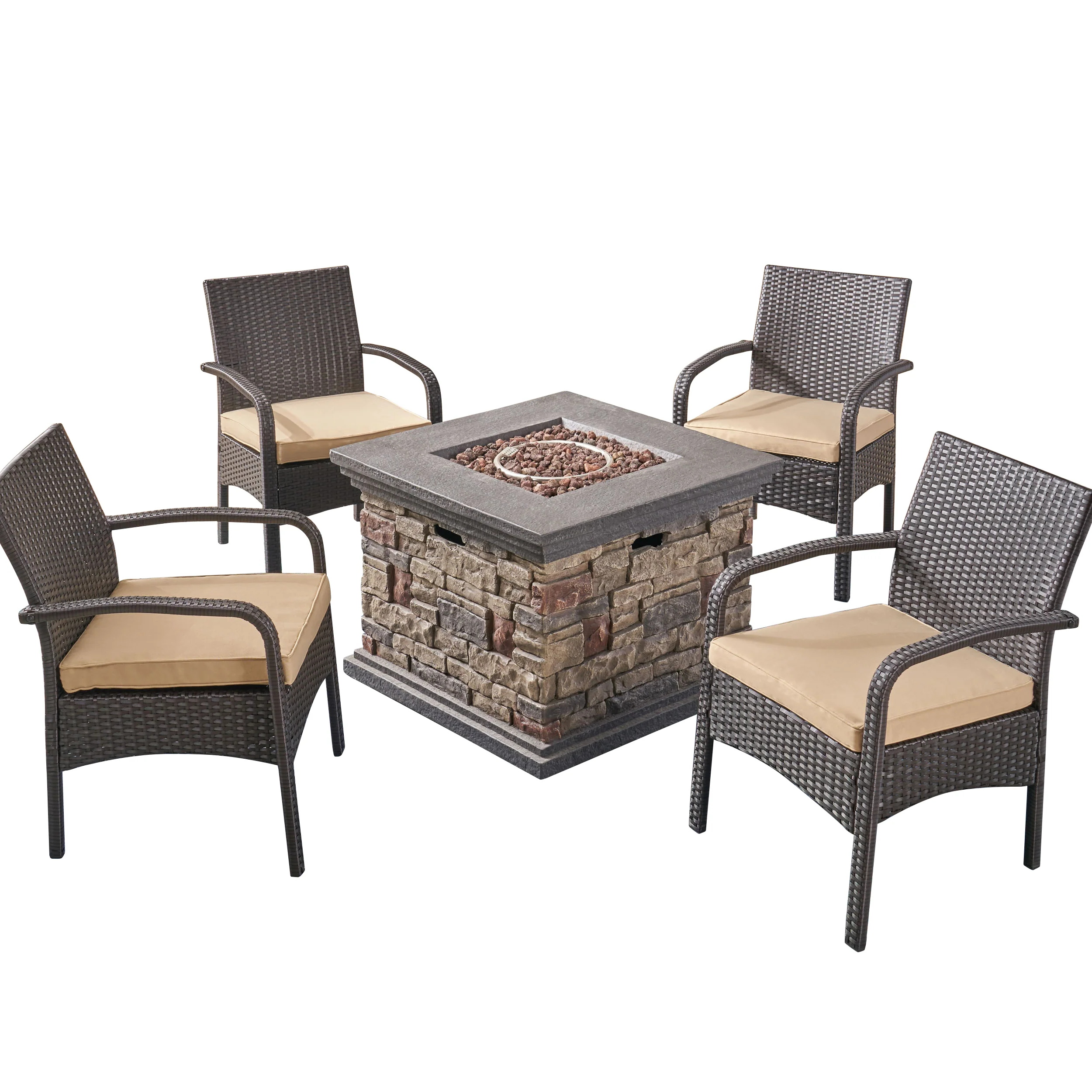 Meroy Patio Fire Pit Set, 4-Seater with Club Chairs, Wicker with Outdoor Cushions - furnishings