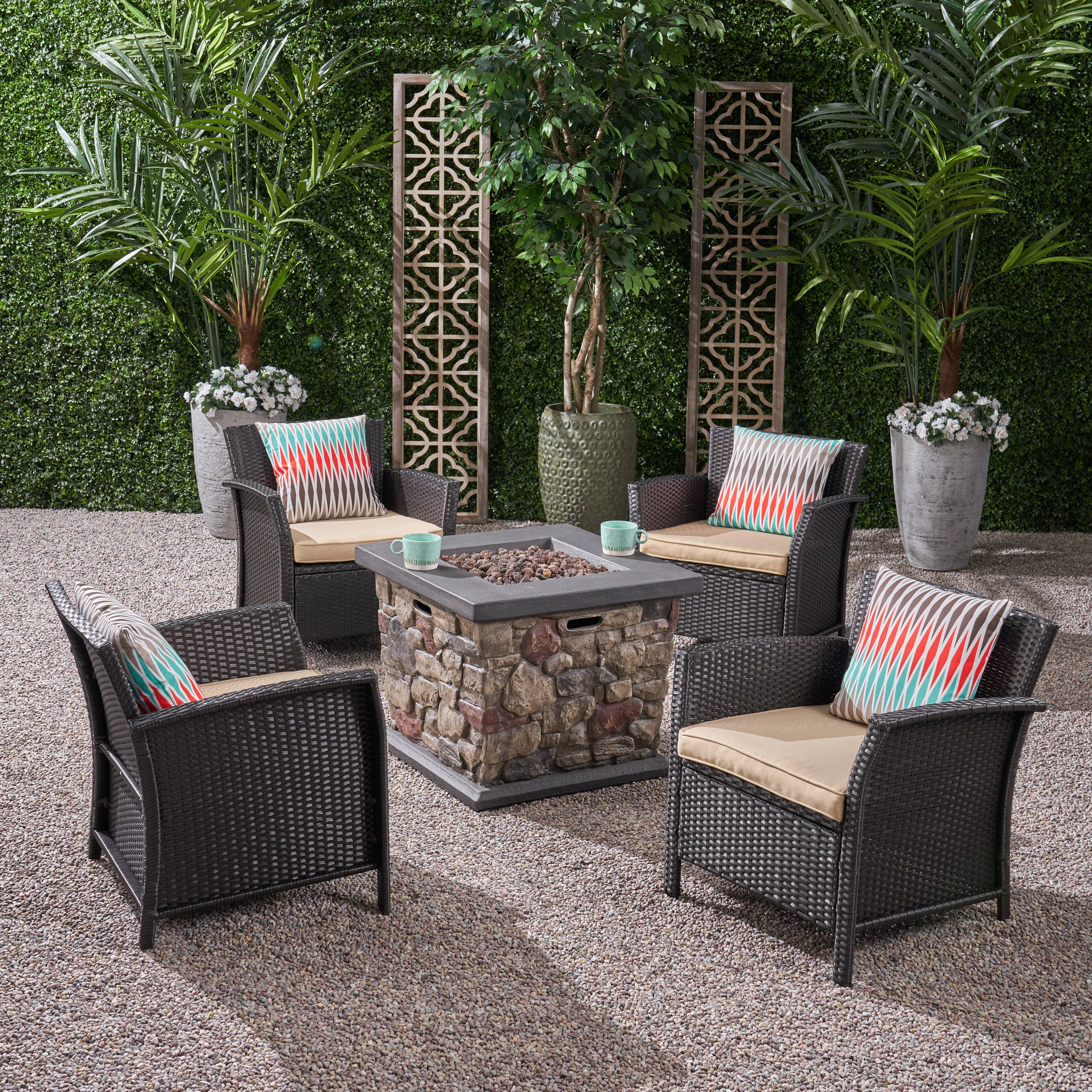 Laiah Outdoor 4 Piece Wicker Club Chair Chat Set with Stone Finished Fire Pit - furnishings