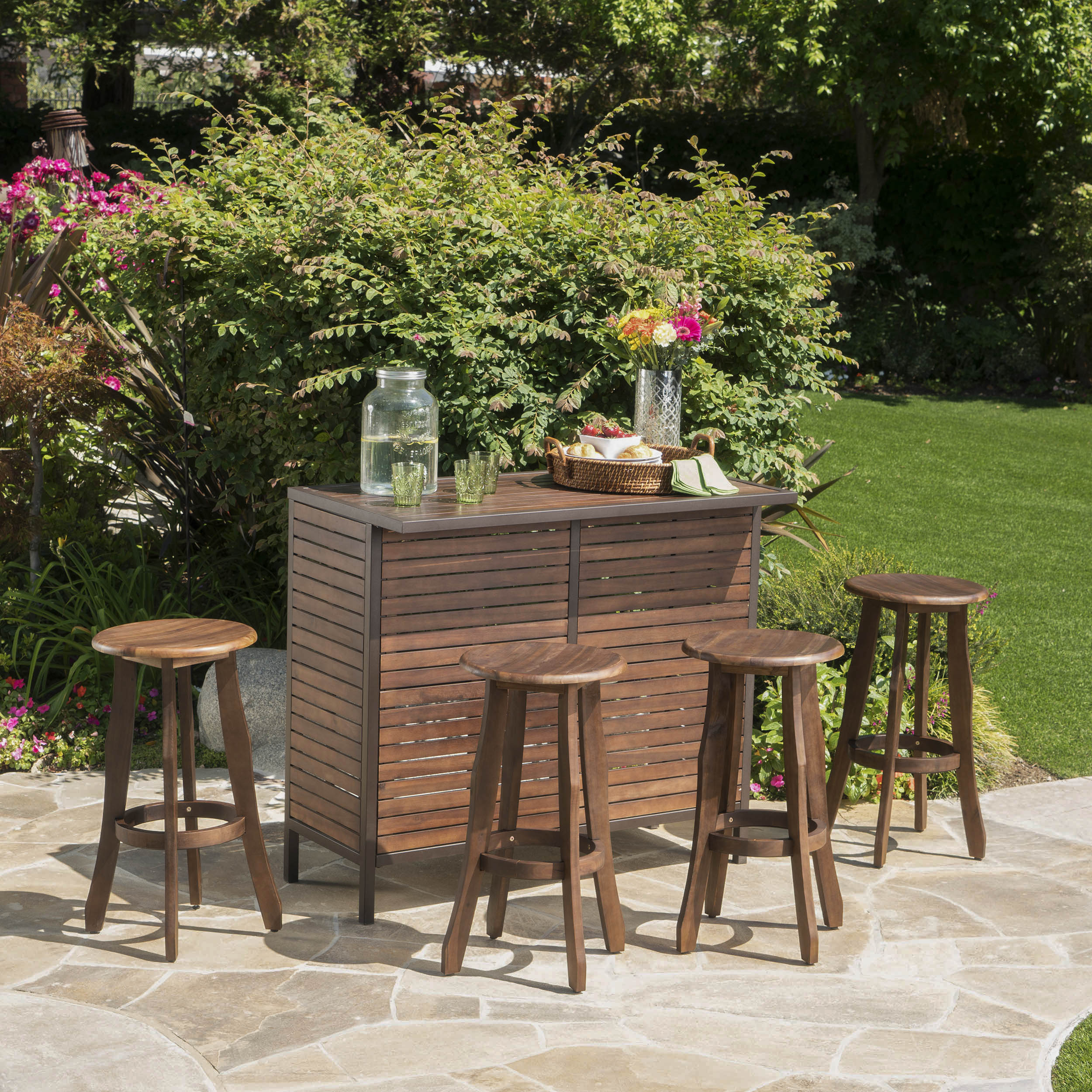 Pierre Outdoor 5 Piece Dark Brown Finished Acacia Wood Bar Set - furnishings