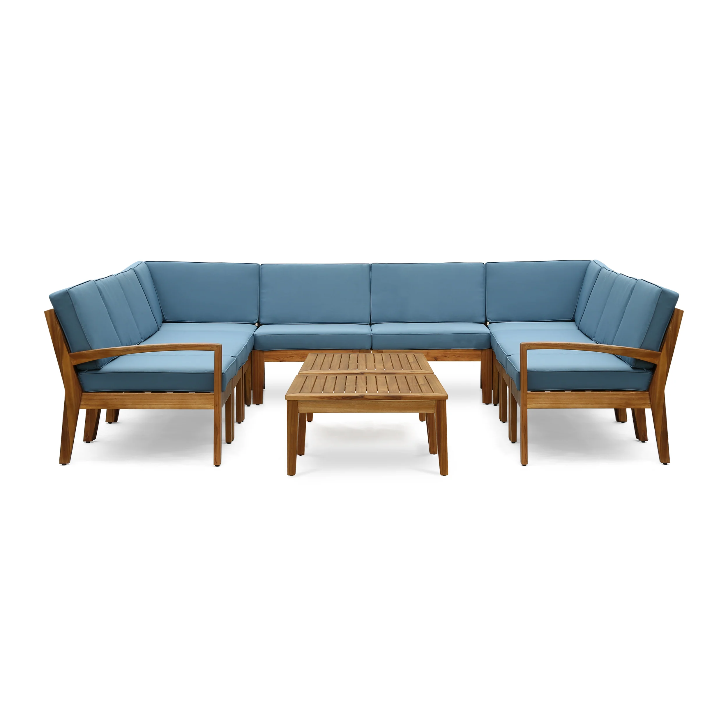 Ray Outdoor Acacia Wood 10 Seater Sectional Sofa Set with Two Coffee Tables - furnishings