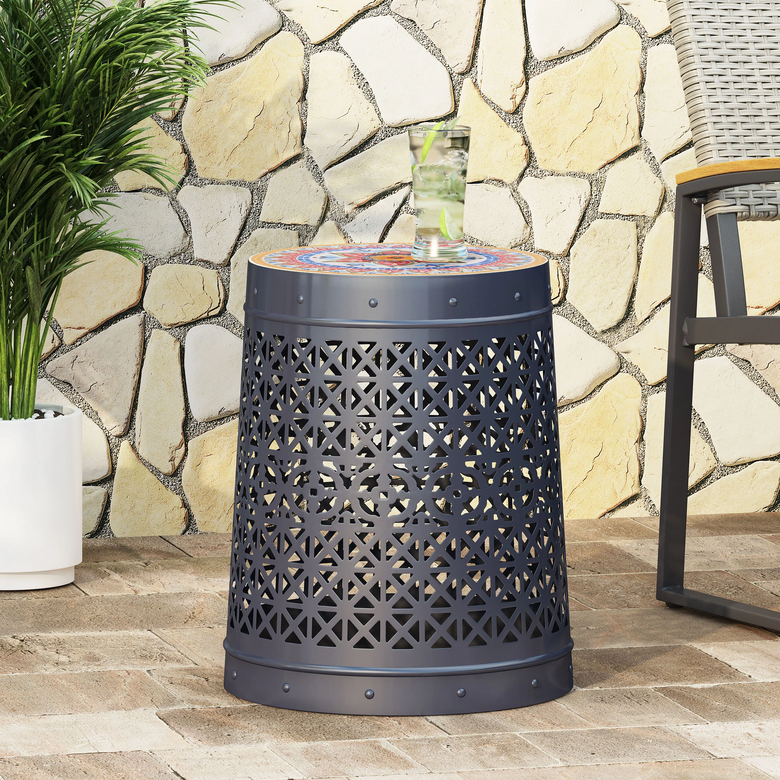 Khalief Outdoor Lace Cut Side Table with Tile Top - furnishings