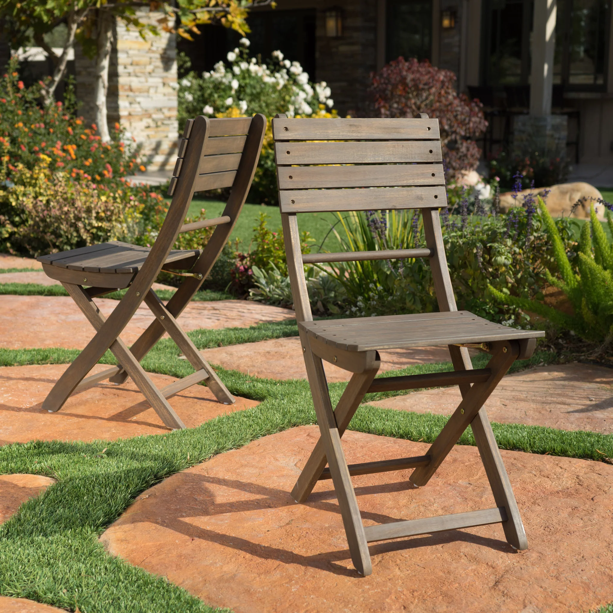 Vicaro Outdoor Grey Finish Acacia Wood Foldable Dining Chairs (Set of 2) - furnishings