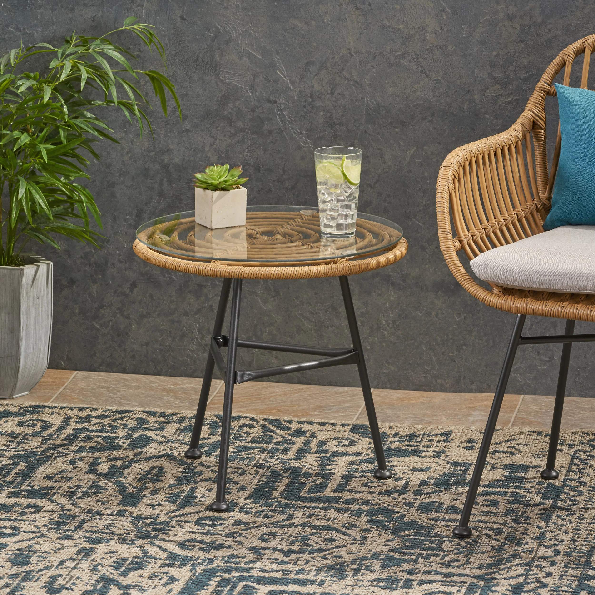 Rodney Outdoor Woven Faux Rattan Side Table with Glass Top - furnishings