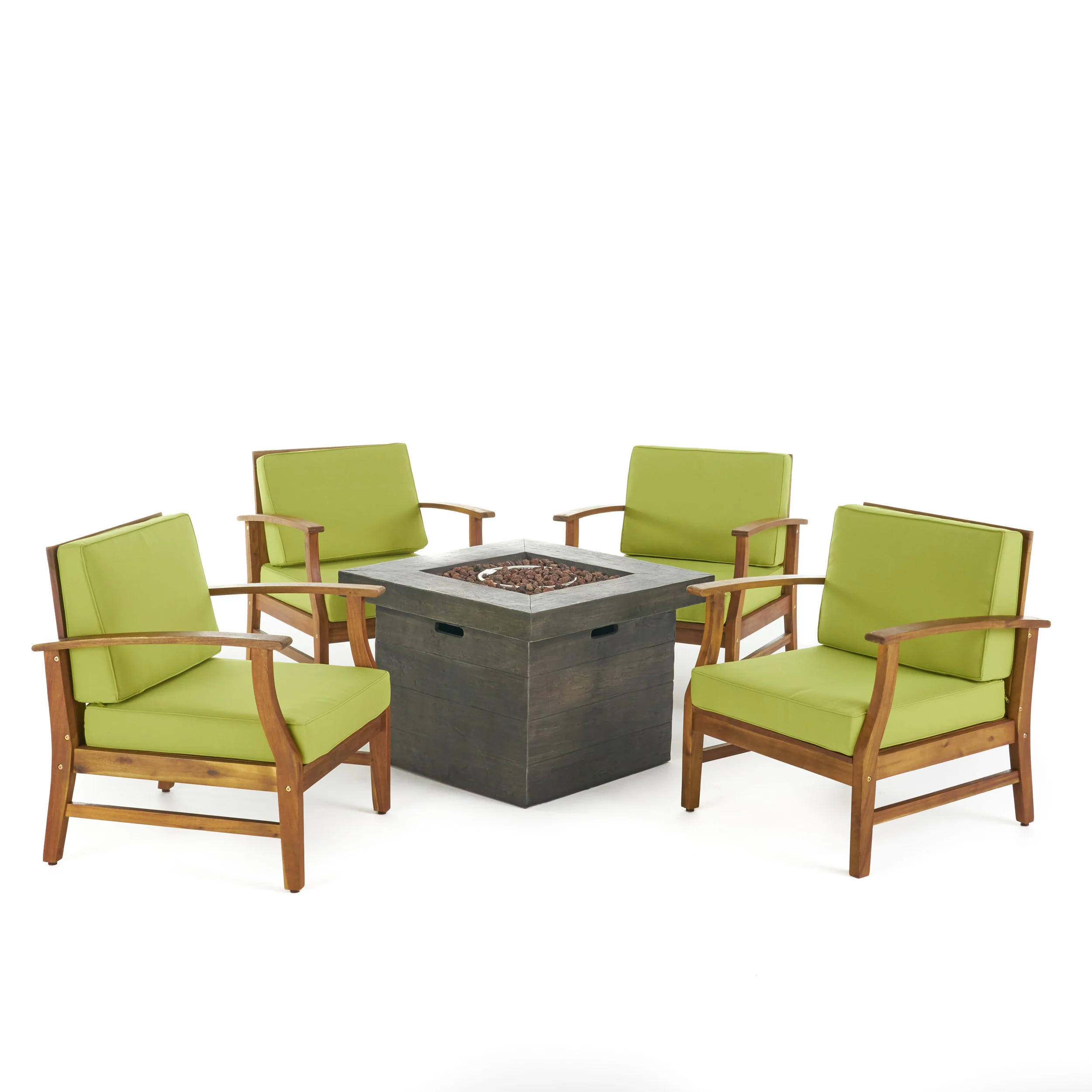 Easter Outdoor 4 Seat Teak Finished Acacia Wood Club Chairs Fire Pit Chat Set - furnishings