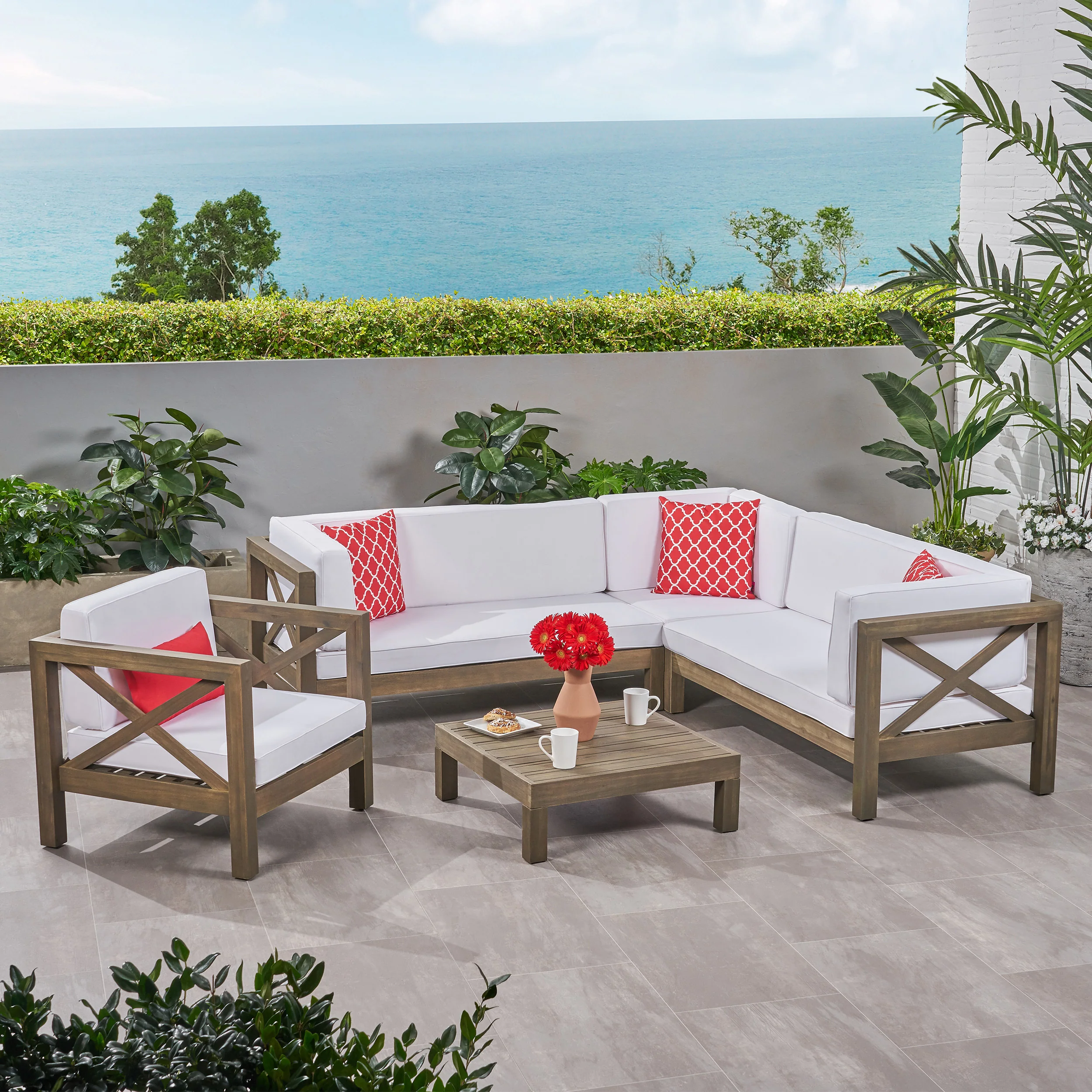 Morgan Outdoor 6 Seater Acacia Wood Sectional Sofa and Club Chair Set - furnishings