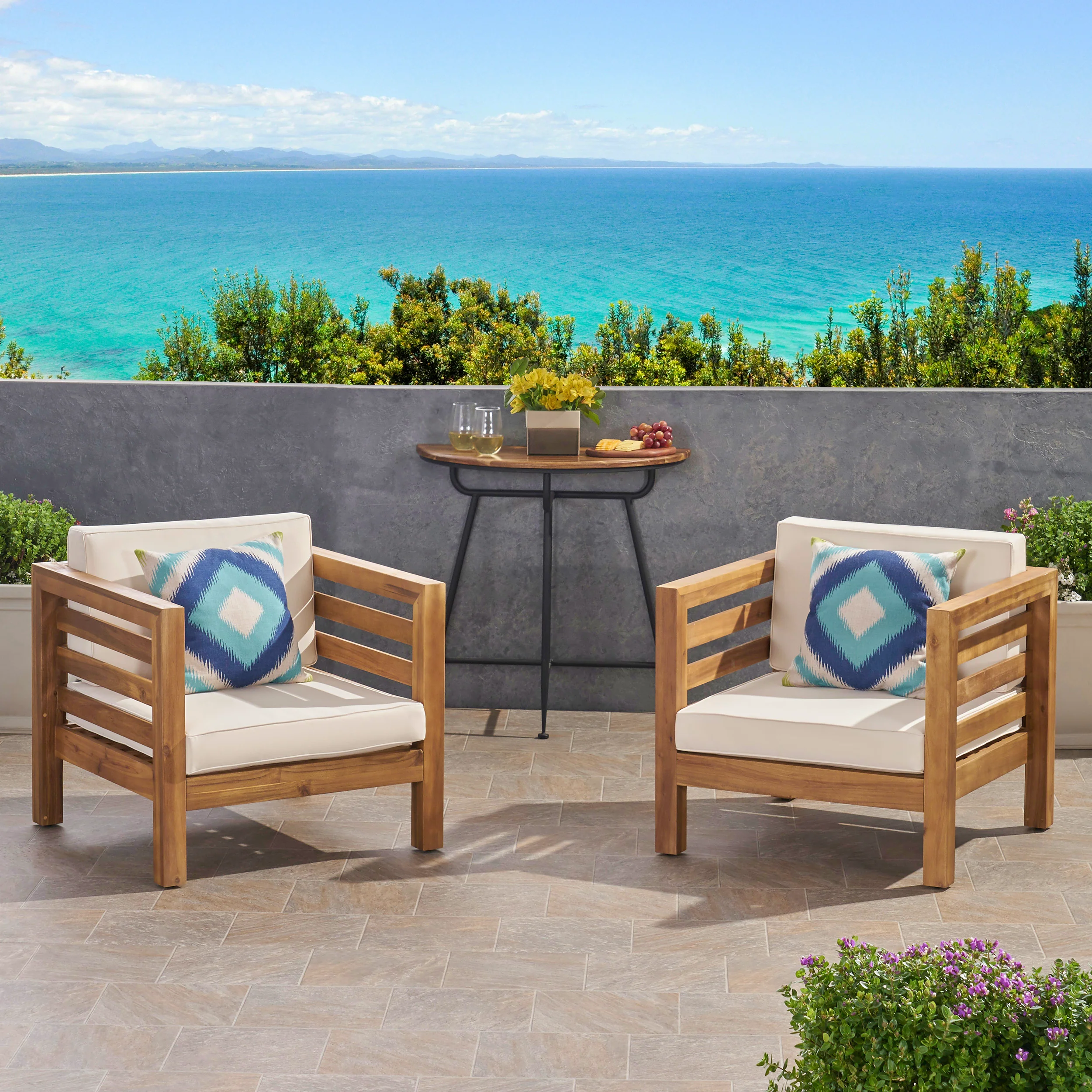 Louise Outdoor Acacia Wood Club Chairs with Cushions (Set of 2) - furnishings