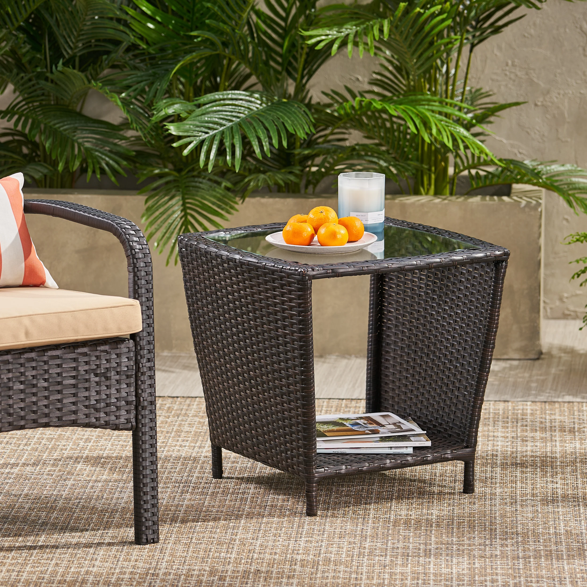 Easton Modern Outdoor Brown Wicker Side Table with Tempered Glass Top - furnishings