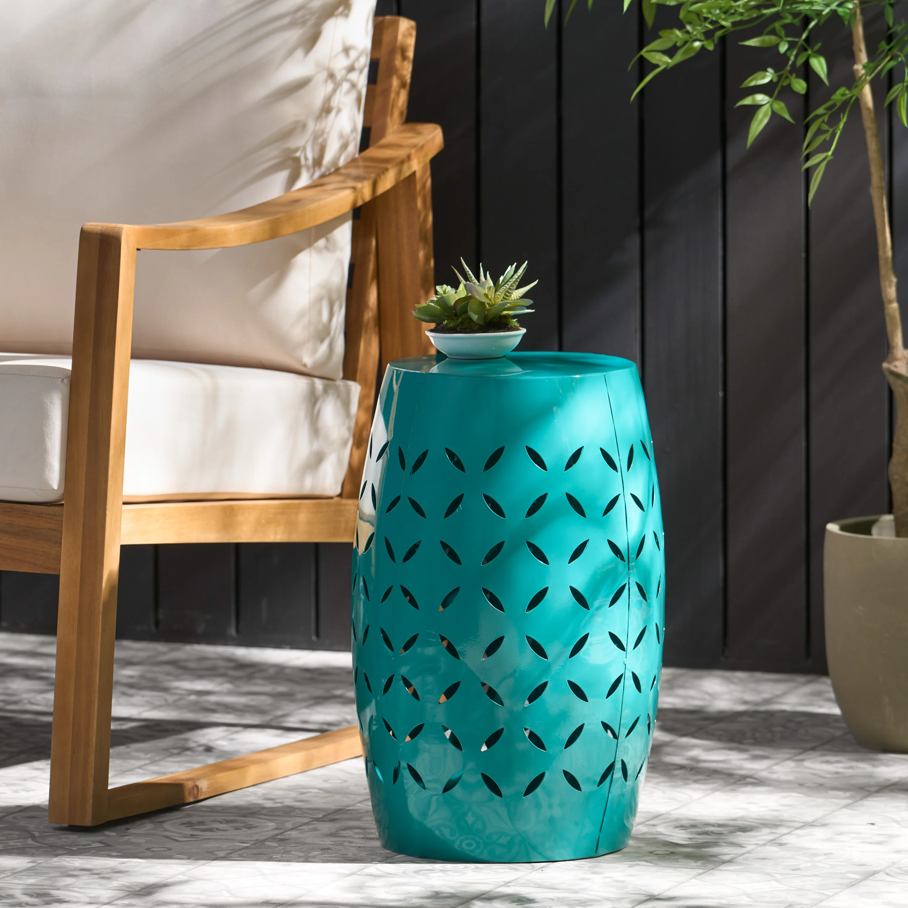 Lilly Outdoor Modern 12-Inch Criss-Cross Cut Metal Barrel Side Table - furnishings
