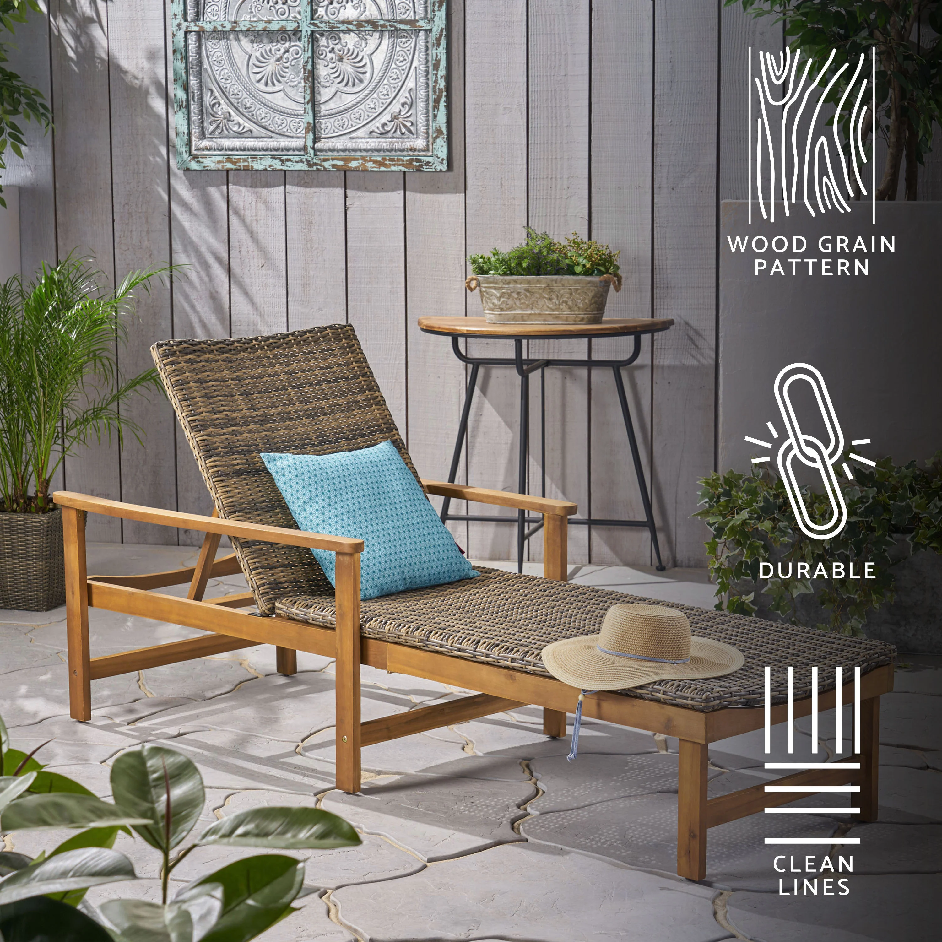 Kyle Outdoor Rustic Acacia Wood Chaise Lounge with Wicker Seating - furnishings