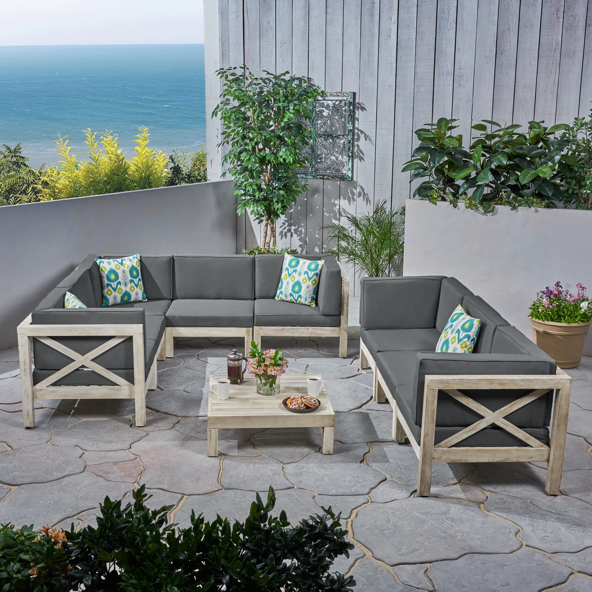 Cynthia Outdoor Acacia Wood 8 Seater Sectional Sofa Set with Coffee Table - furnishings