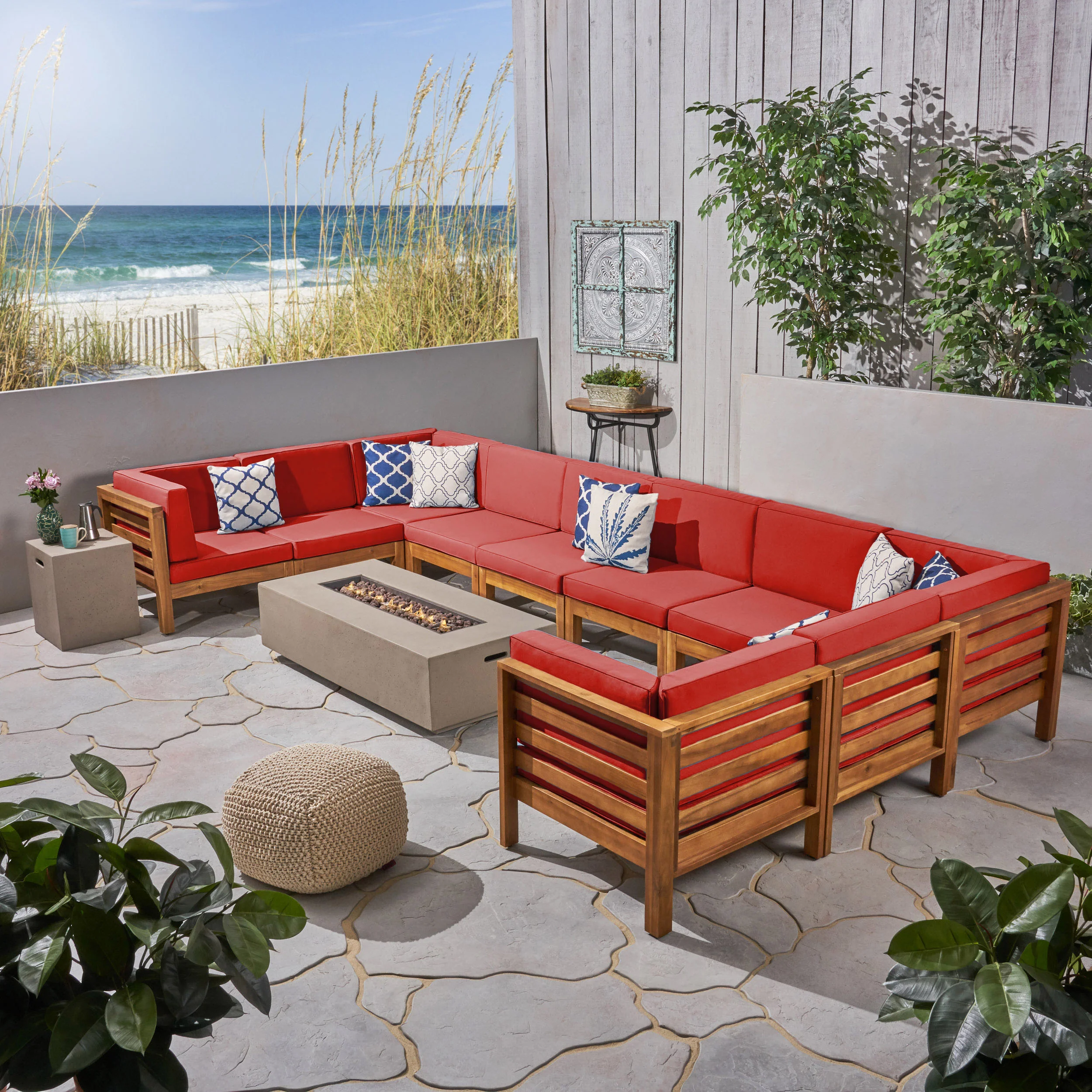 Ravello Outdoor 12 Piece U-Shaped Sectional Sofa Set with Fire Pit - furnishings