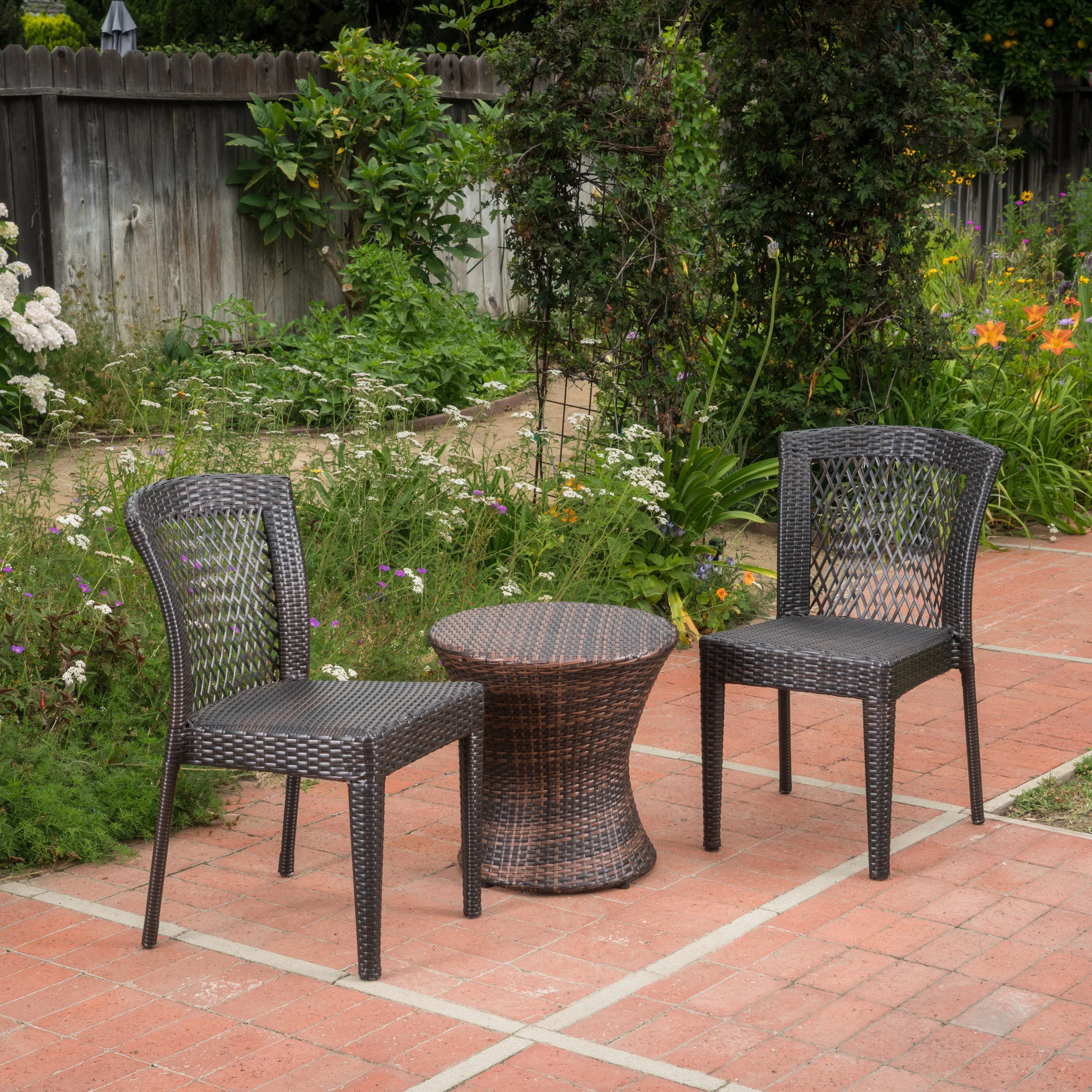 Capella Outdoor 3 Piece Multi-brown Wicker Stacking Chair Chat Set - furnishings
