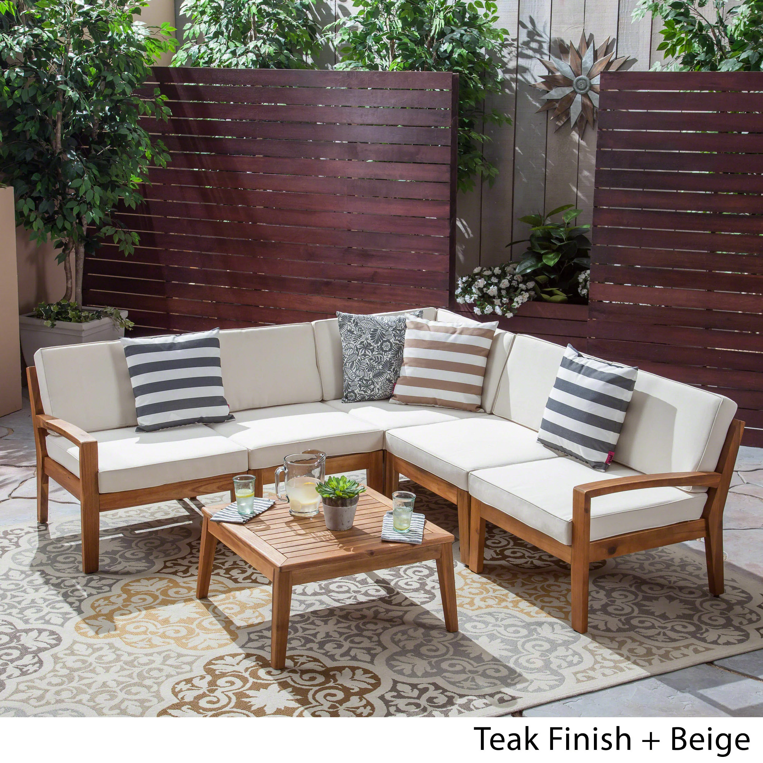 Roy Outdoor Acacia Wood 5 Seater Sectional Sofa Set with Coffee Table - furnishings