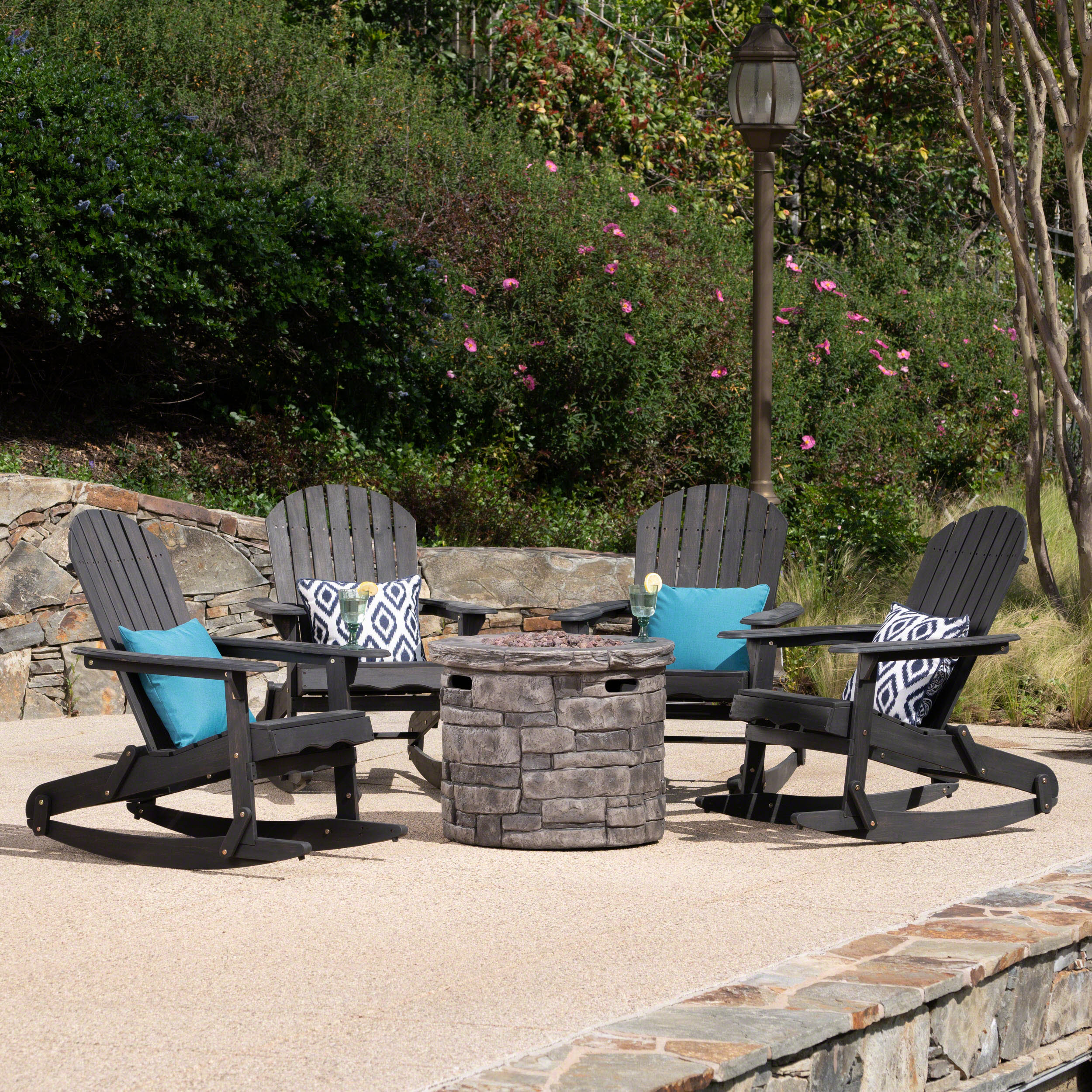 Belfast Outdoor Acacia Wood 5 Piece Adirondack Rocking Chair and Fire Pit Set - furnishings
