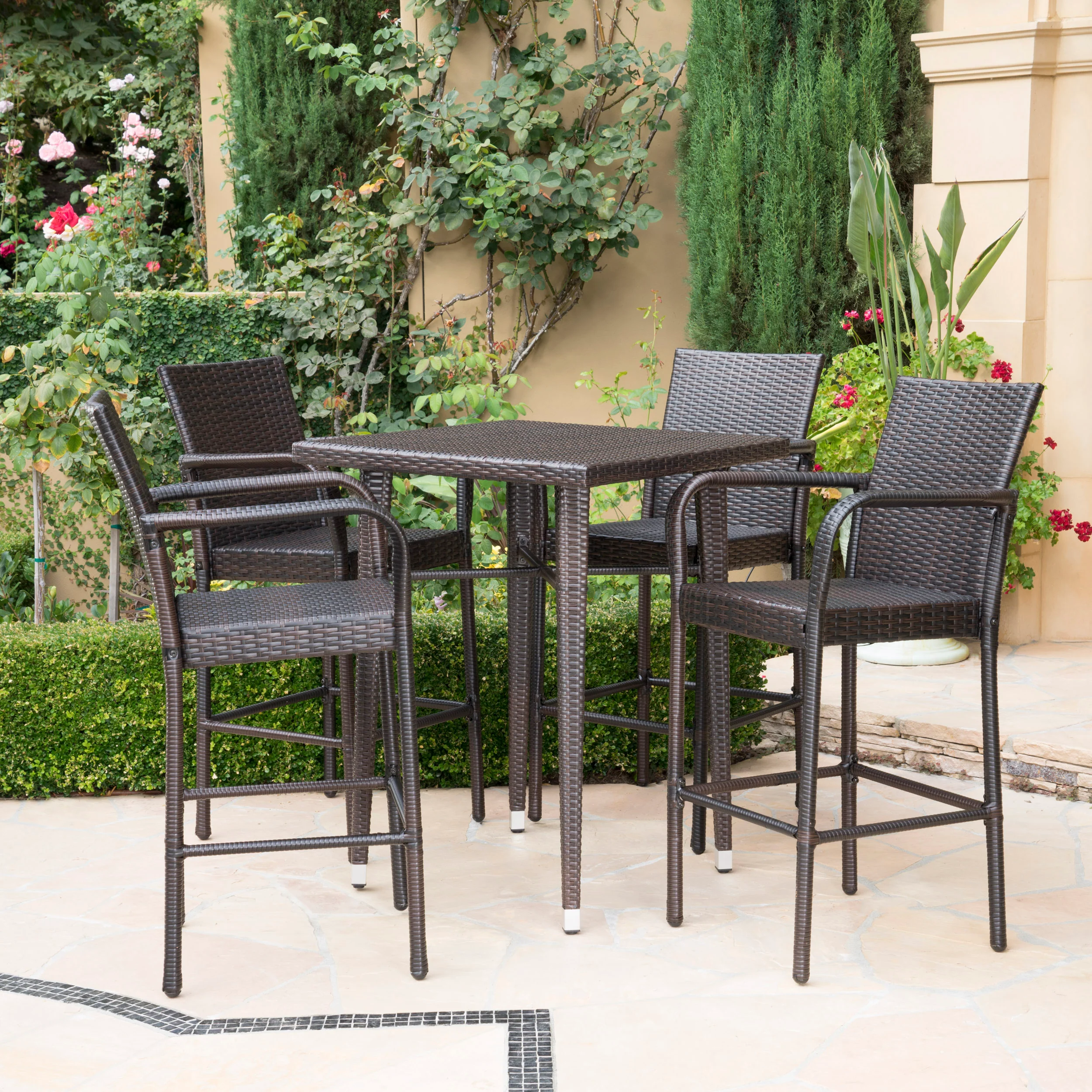 Valkyrien Outdoor 5 Piece Multi-brown Wicker Square Bar Table Set - furnishings
