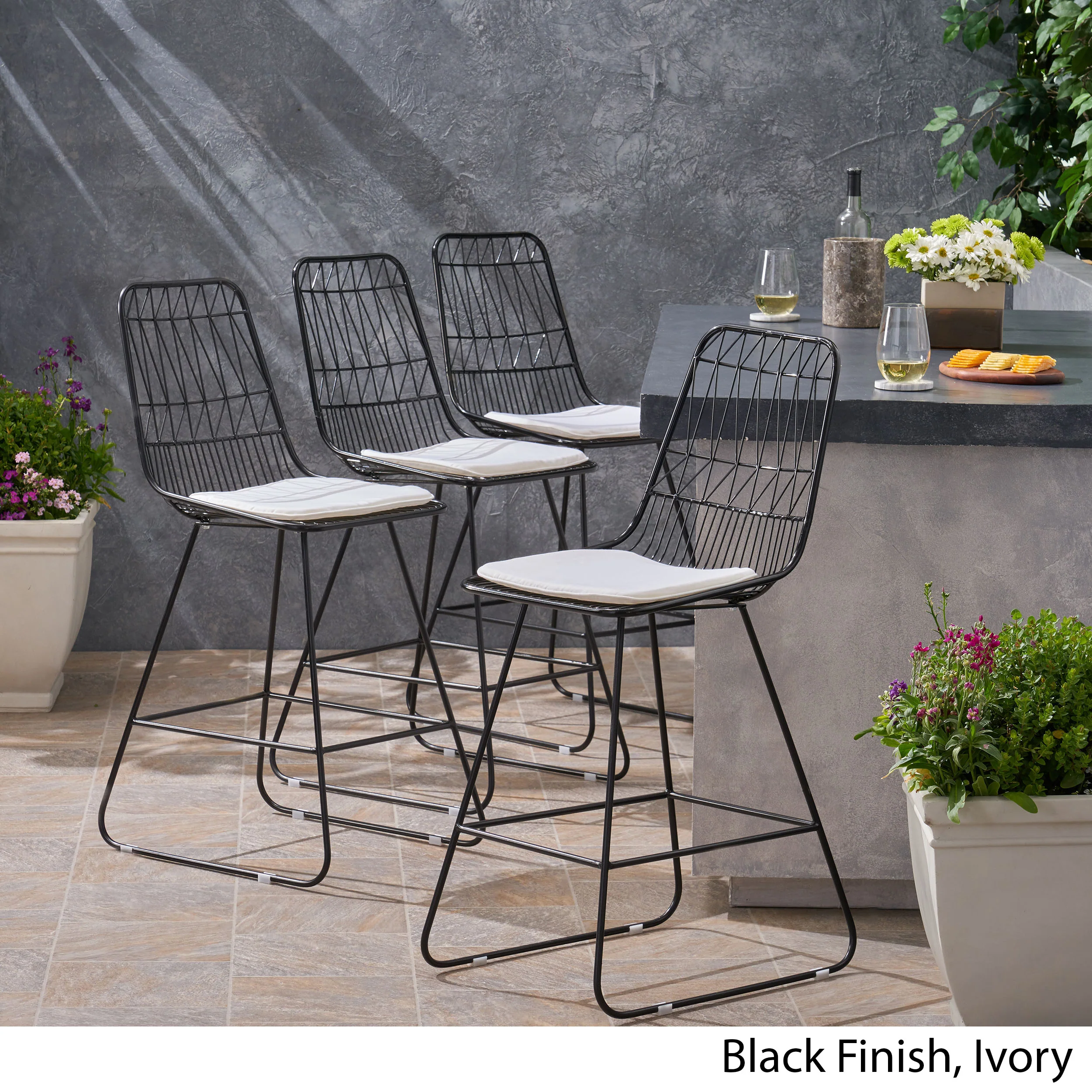 Hedy Outdoor Wire Counter Stools with Cushions (Set of 4) - furnishings