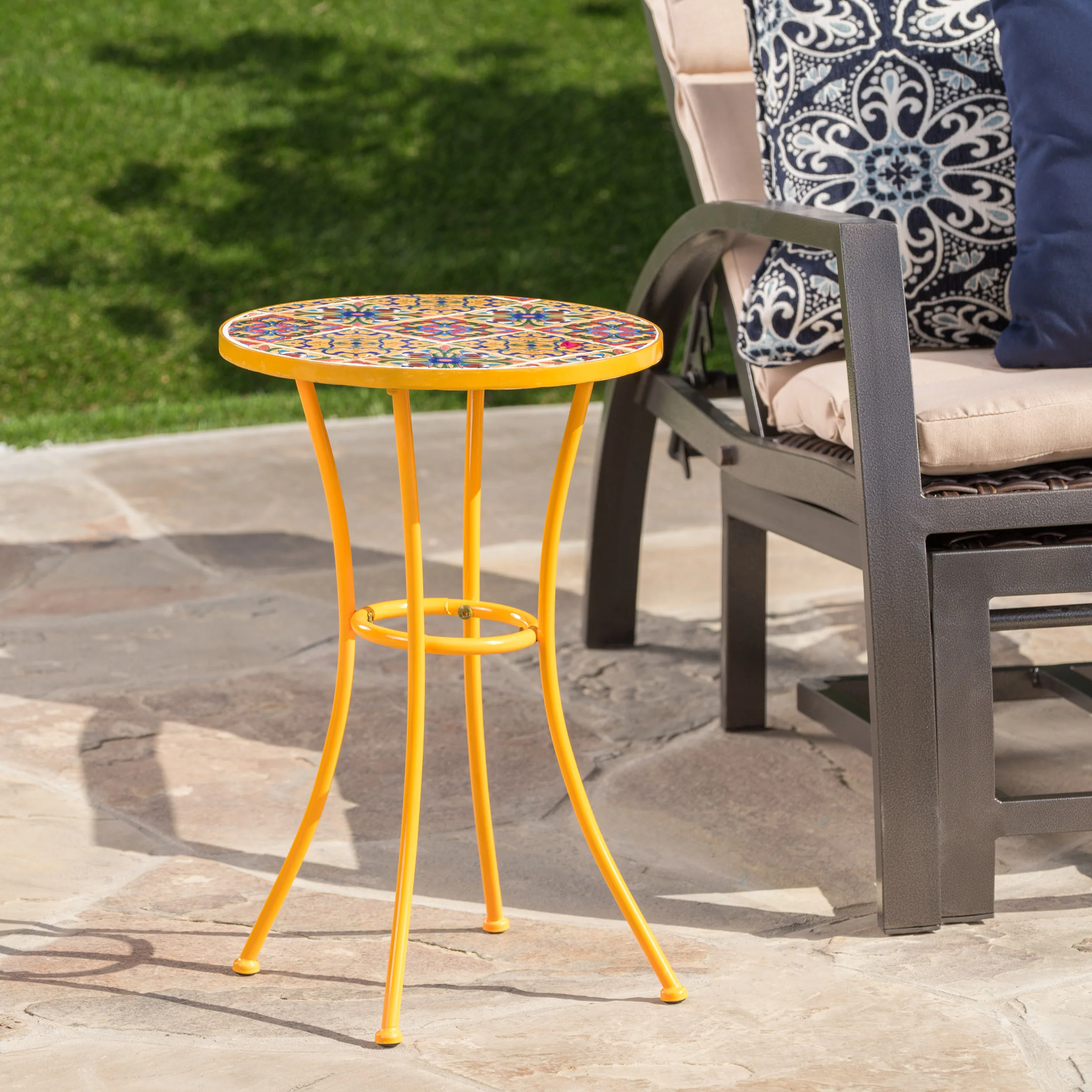 Brienne Outdoor Yellow Ceramic Tile Side Table with Iron Frame - furnishings