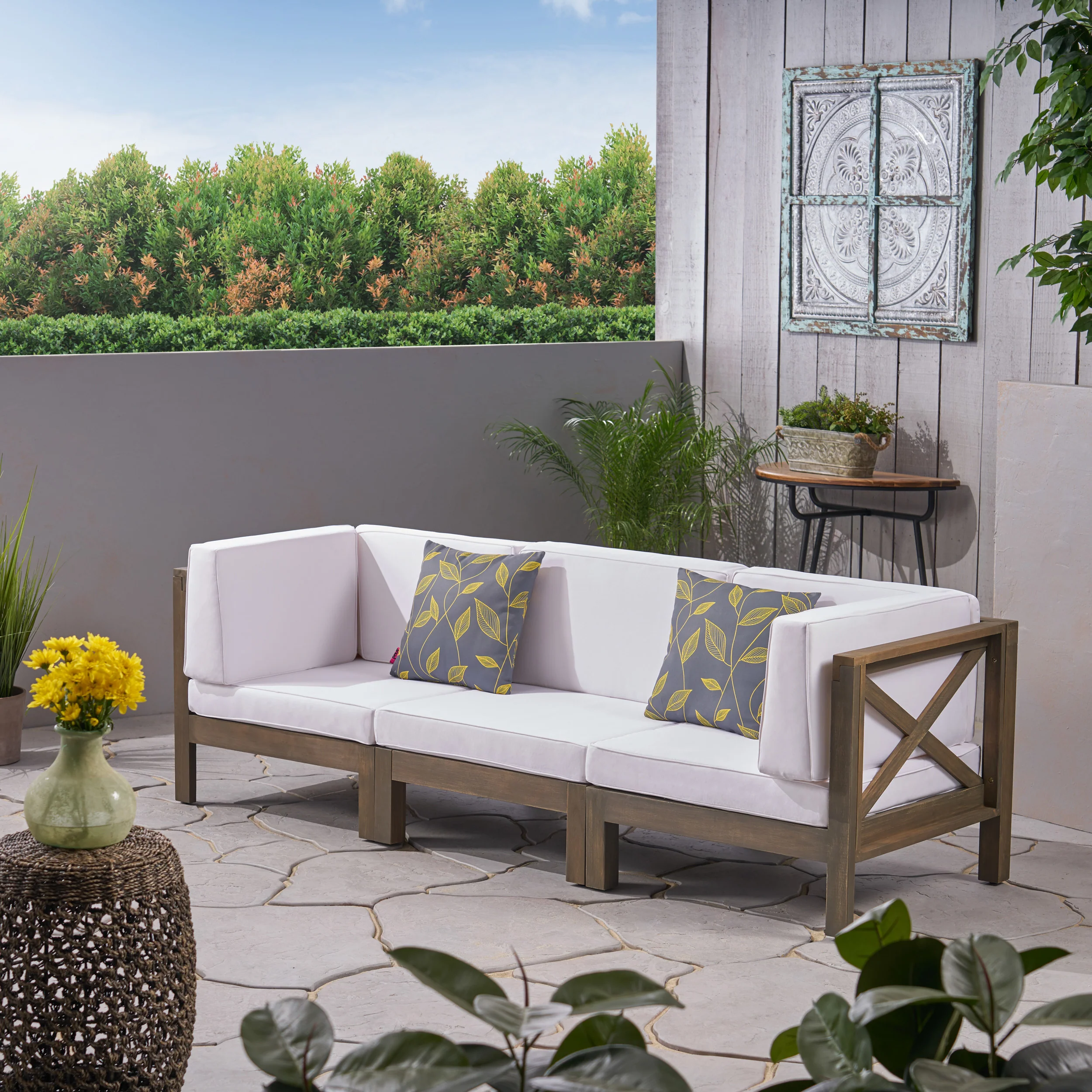 Keith Outdoor Sectional Sofa Set  3-Seater  Acacia Wood  Water-Resistant Cushions - furnishings