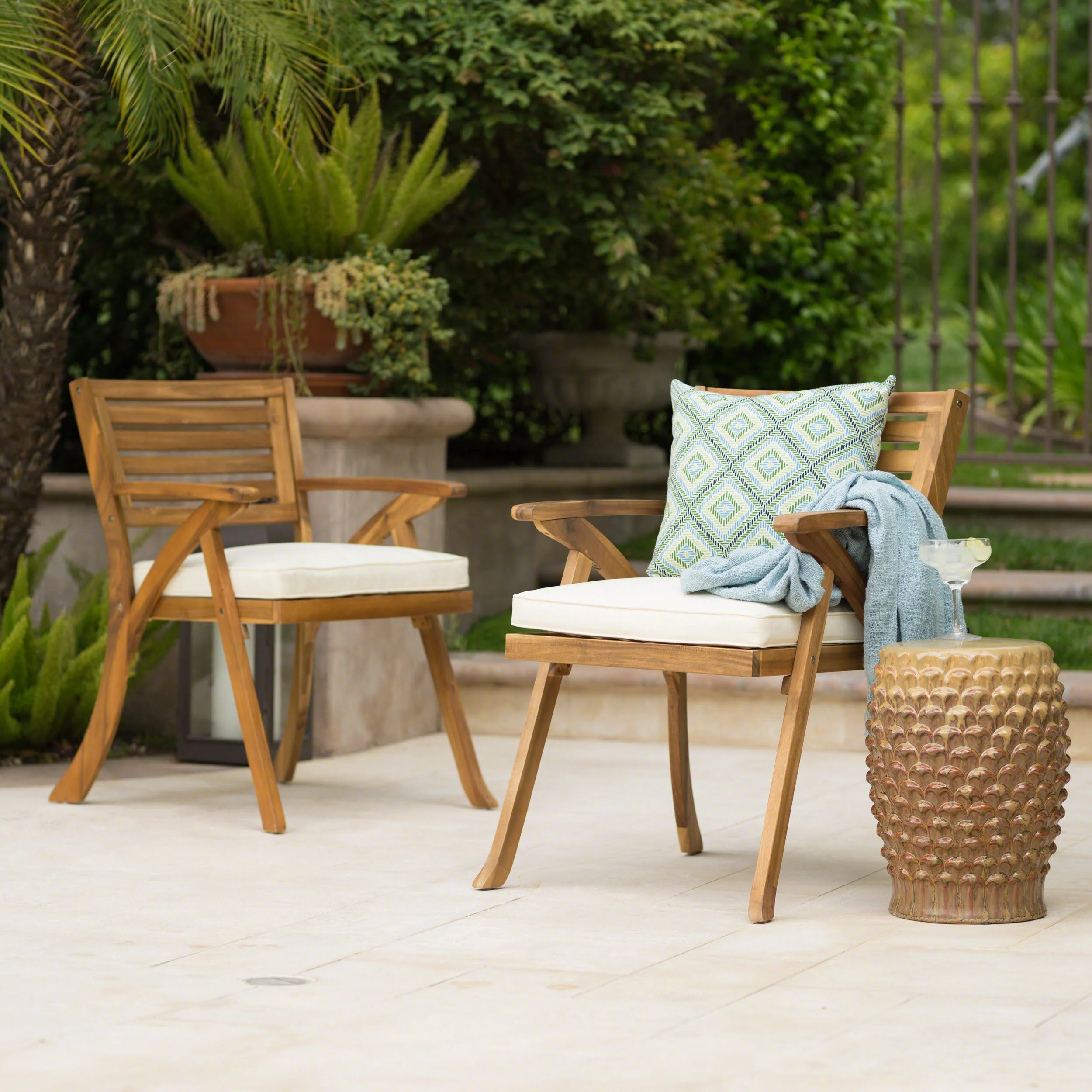 Helen Outdoor Teak Finish Acacia Wood Arm Chair (Set of 2) - furnishings