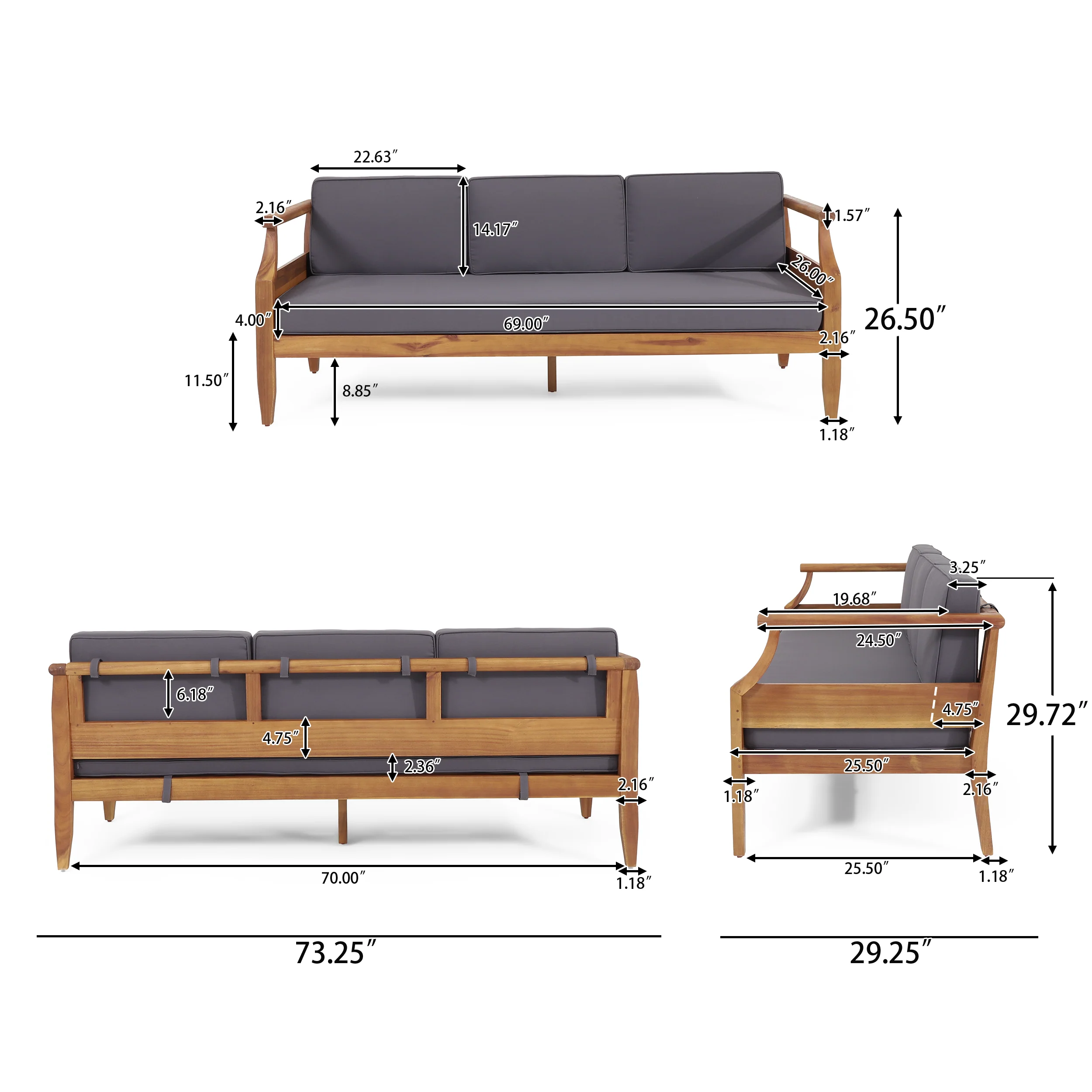 Bianca Mid-Century Modern Acacia Wood 3 Seater Sofa Chat Set with Ottoman, Teak and Dark Gray - furnishings