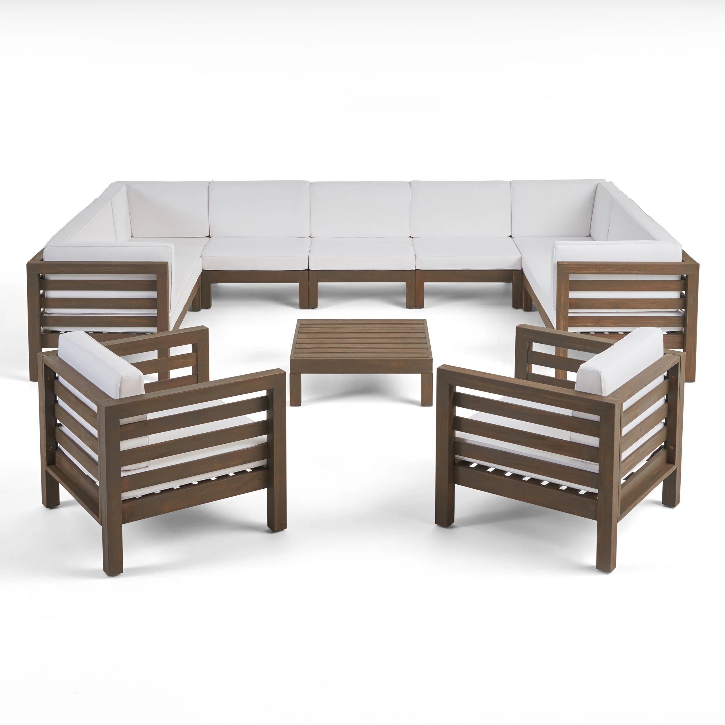 Emma Outdoor 11 Seater Acacia Wood Sectional Sofa and Club Chair Set - furnishings