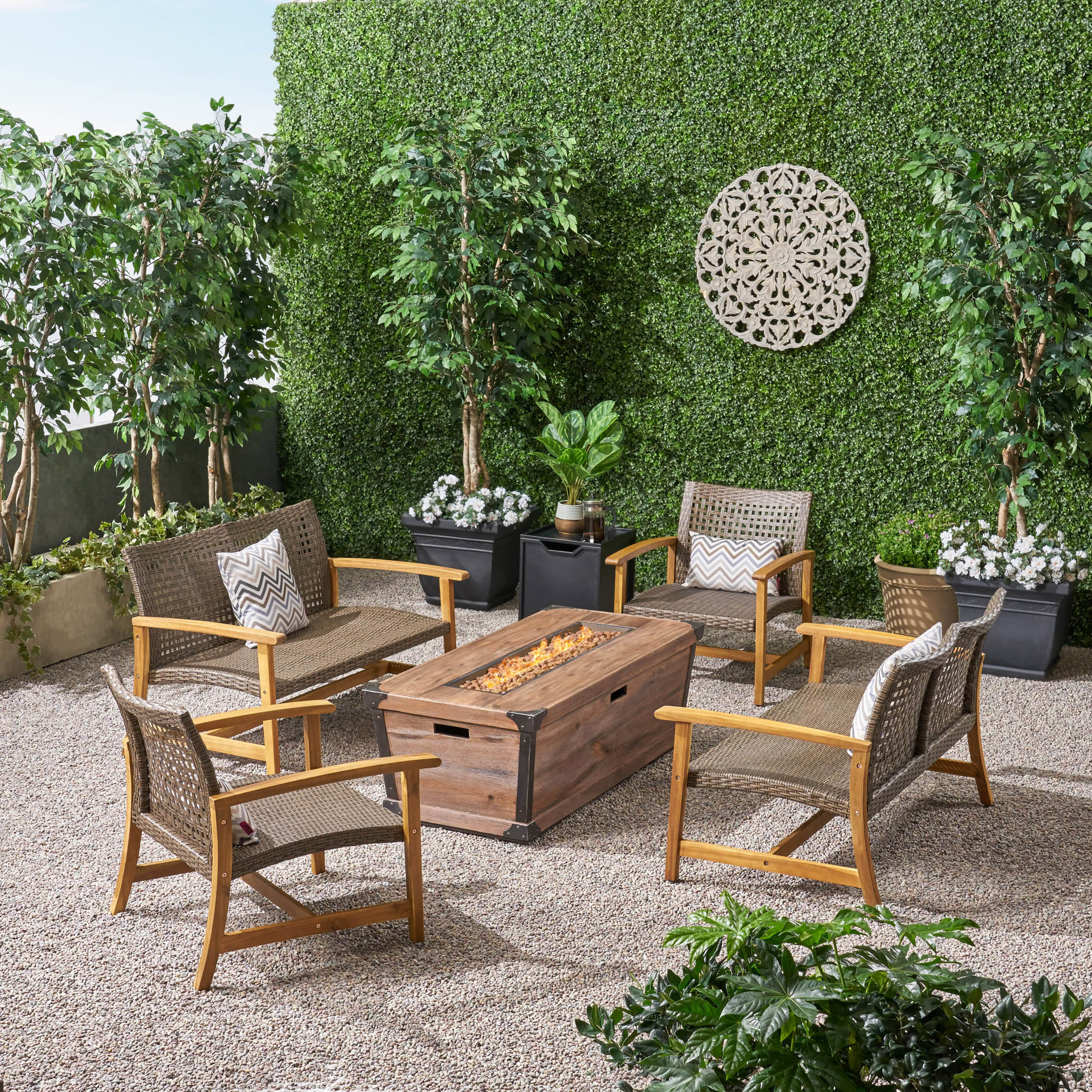 Levant Outdoor 4 Piece Wood and Wicker Chat Set with Fire Pit - furnishings