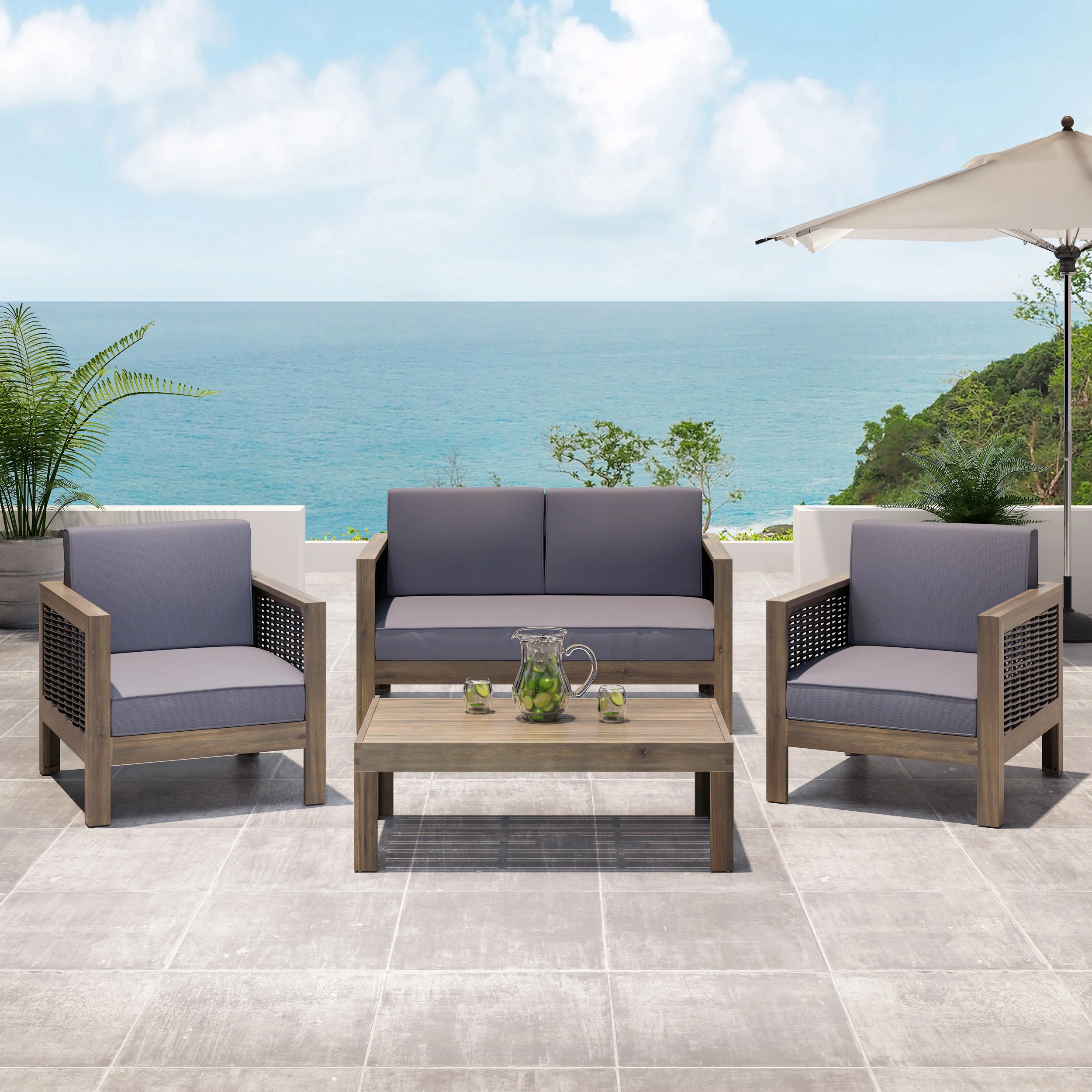 Mayes Outdoor 4 Seater Acacia Wood Chat Set with Wicker Accents - furnishings