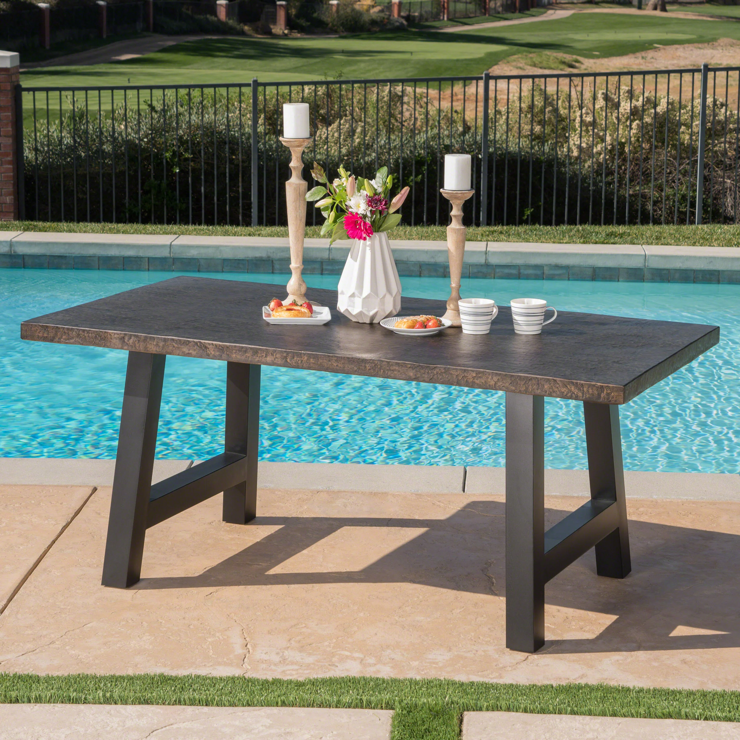 Doris Outdoor Brown Stone Finish Light Weight Concrete Dining Table - furnishings