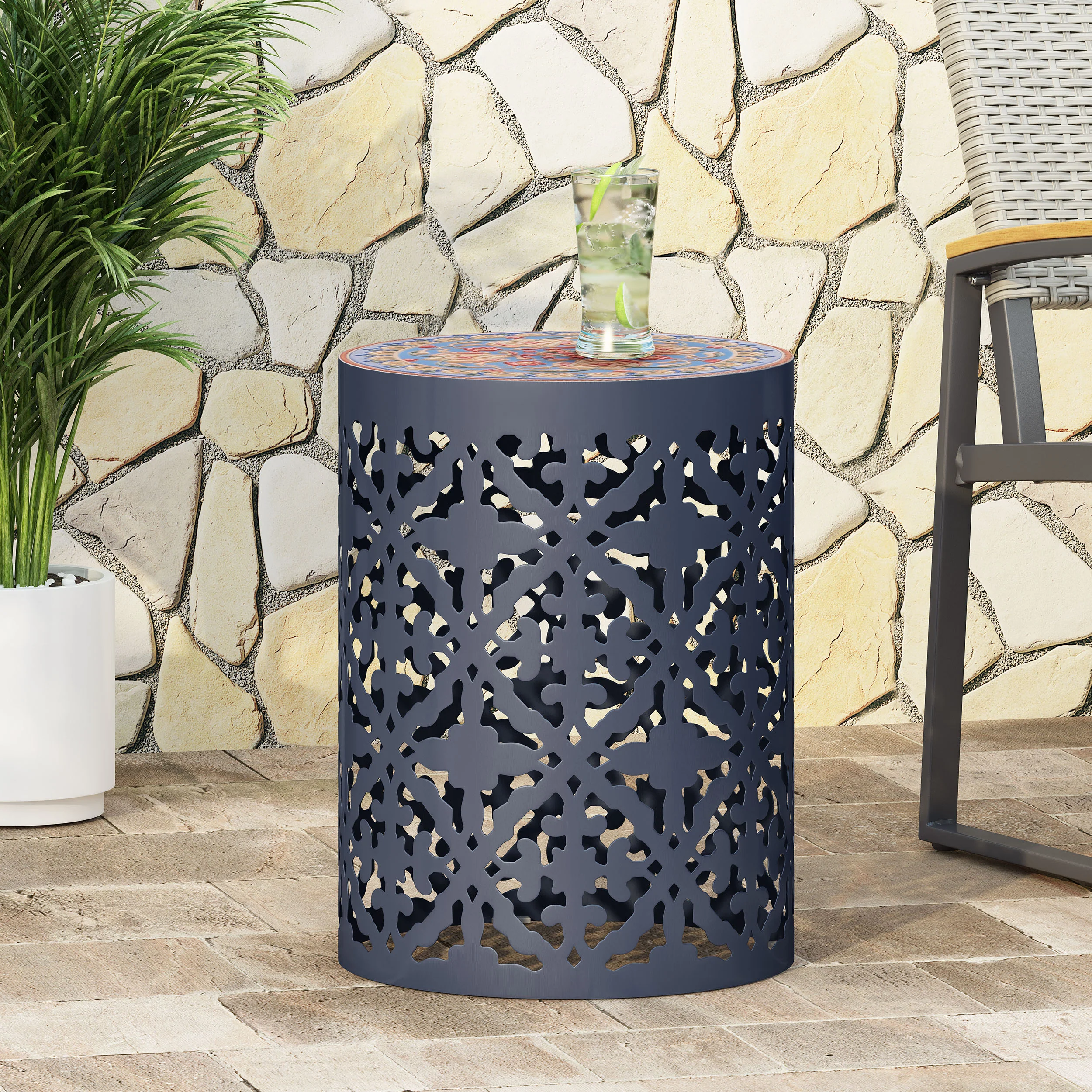 Kenzi Outdoor Lace Cut Side Table with Tile Top - furnishings