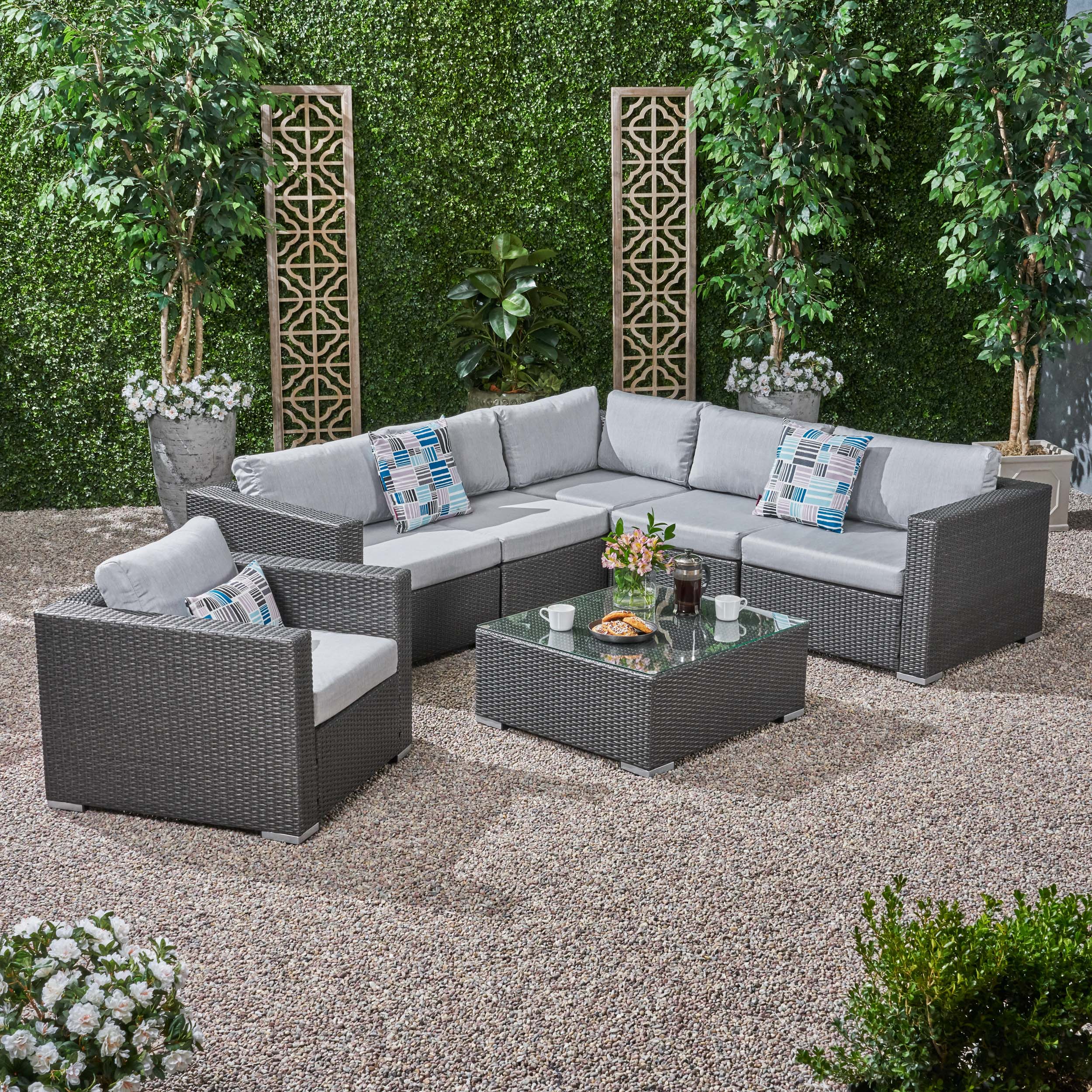 Kyra Outdoor 6 Seater Wicker Sectional Sofa Set with Sunbrella Cushions - furnishings
